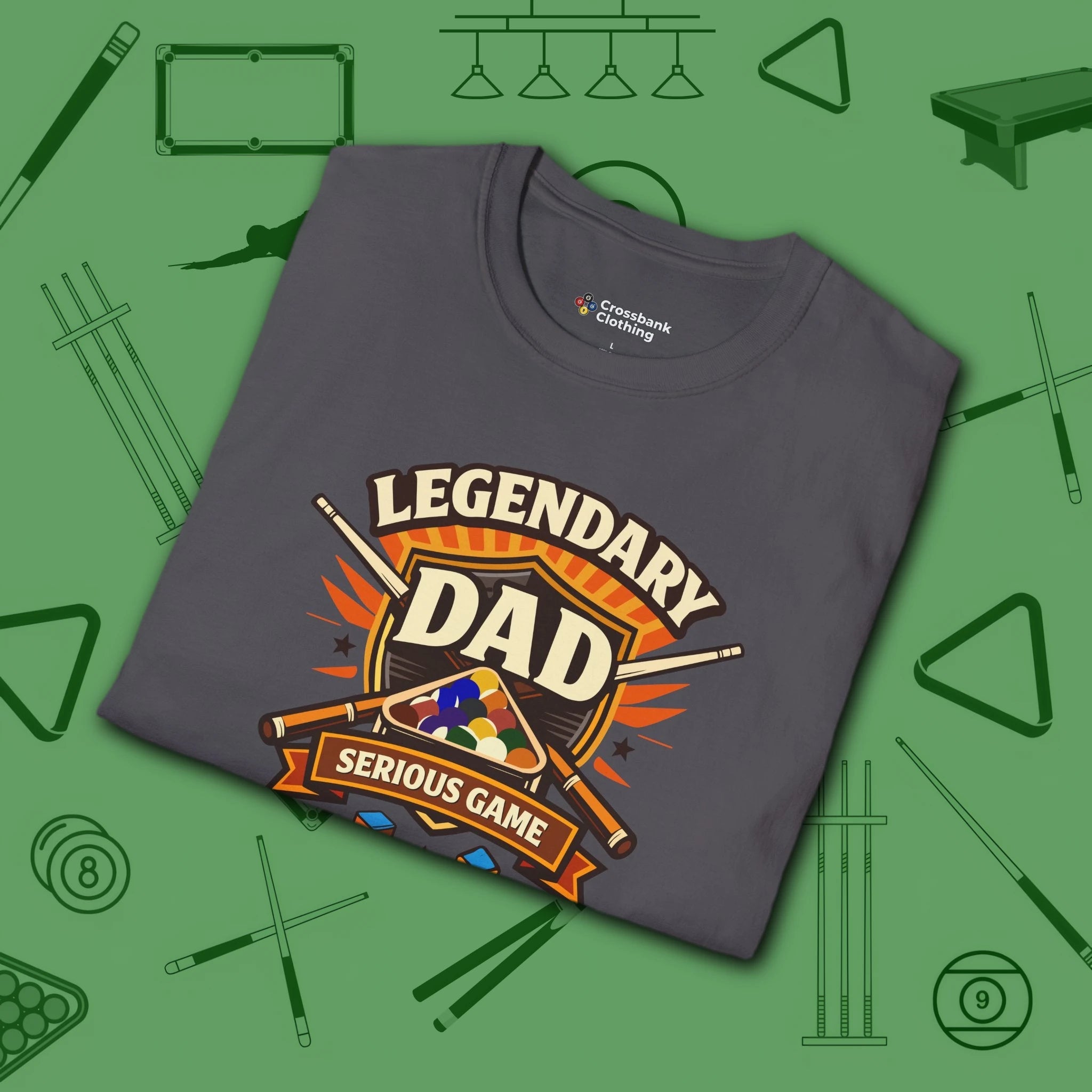 Legendary Dad T-Shirt, in Charcoal color, billiards shirt, folded view