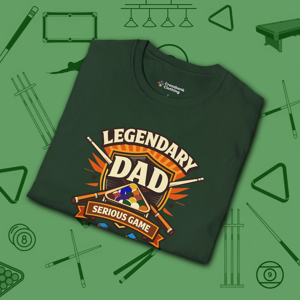 Legendary Dad T-Shirt, in Forest Green color, billiards shirt, folded view