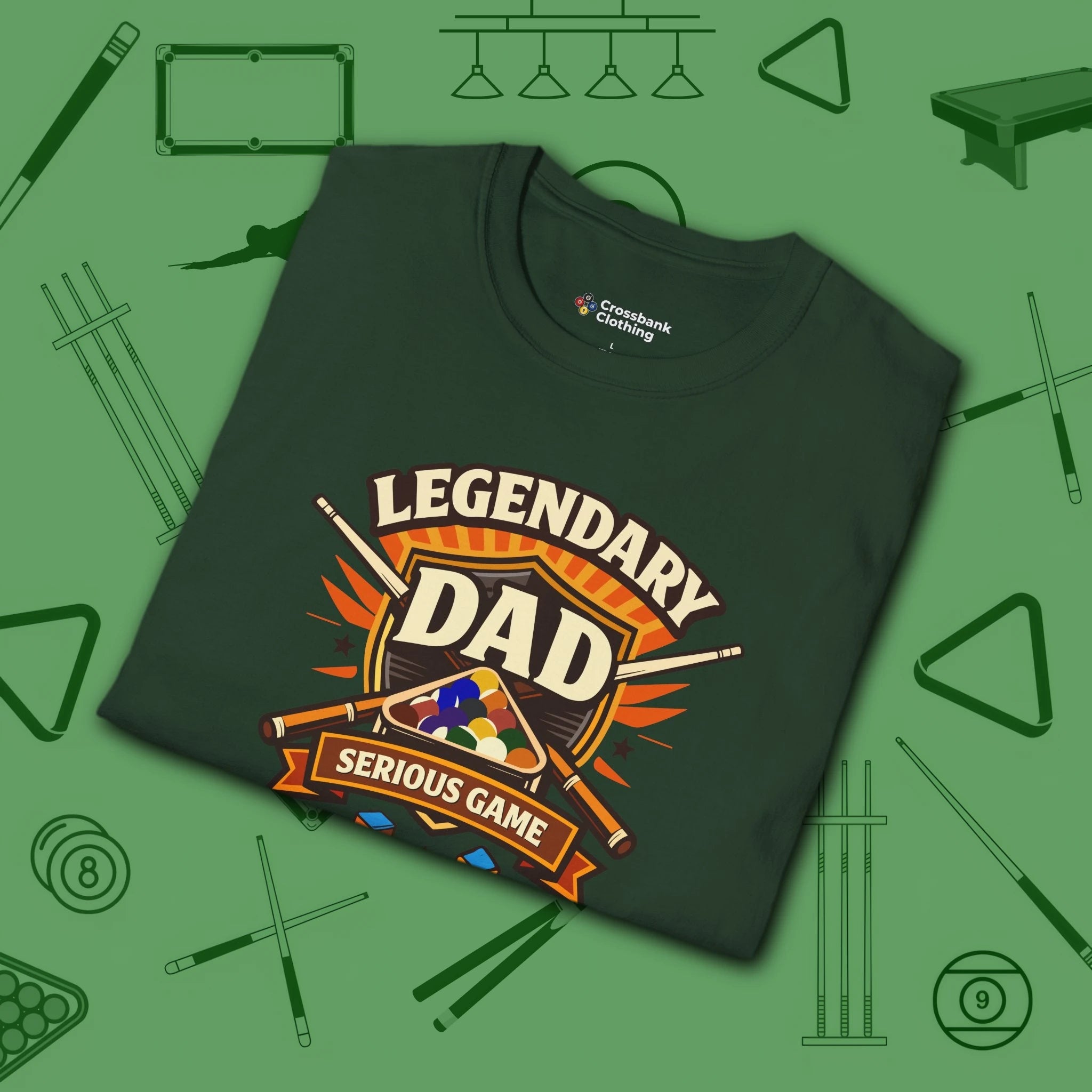 Legendary Dad T-Shirt, in Forest Green color, billiards shirt, folded view