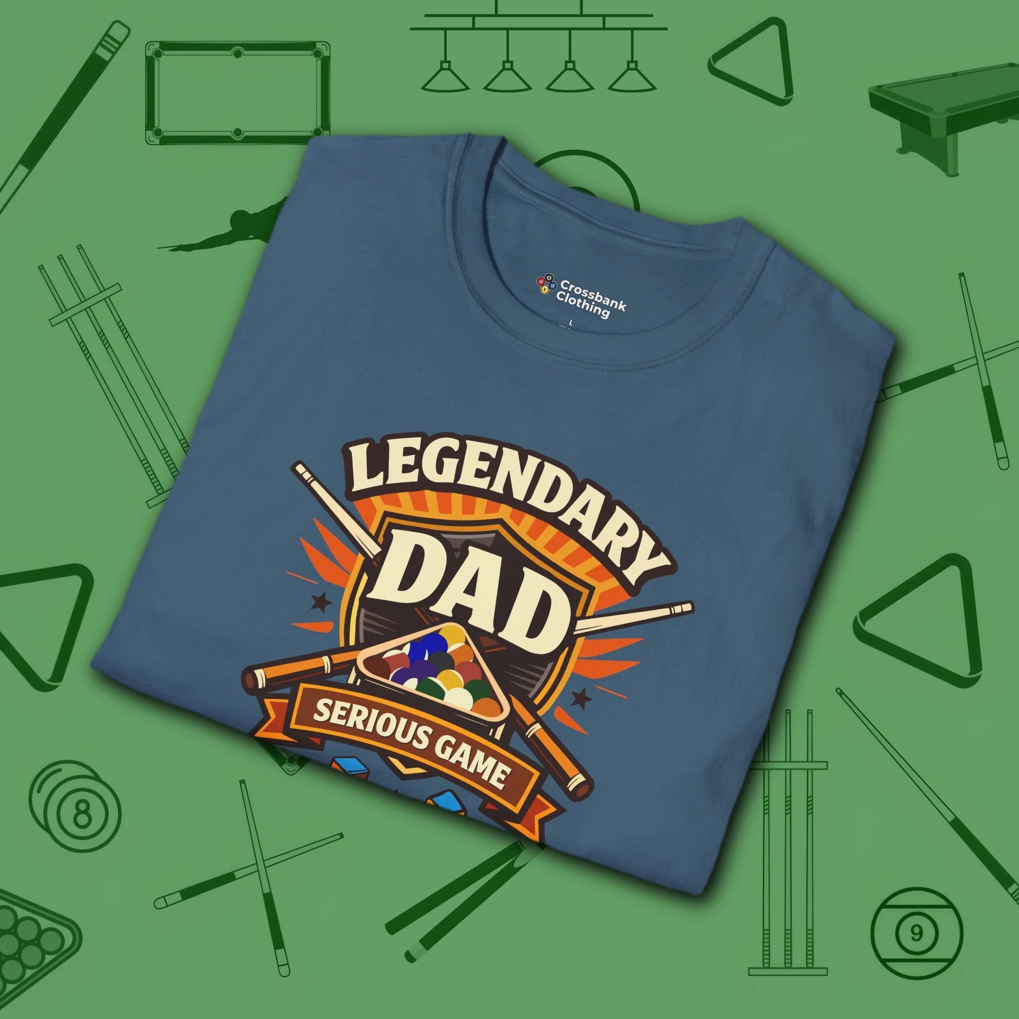 Legendary Dad T-Shirt, in Indigo Blue color, billiards shirt, folded view