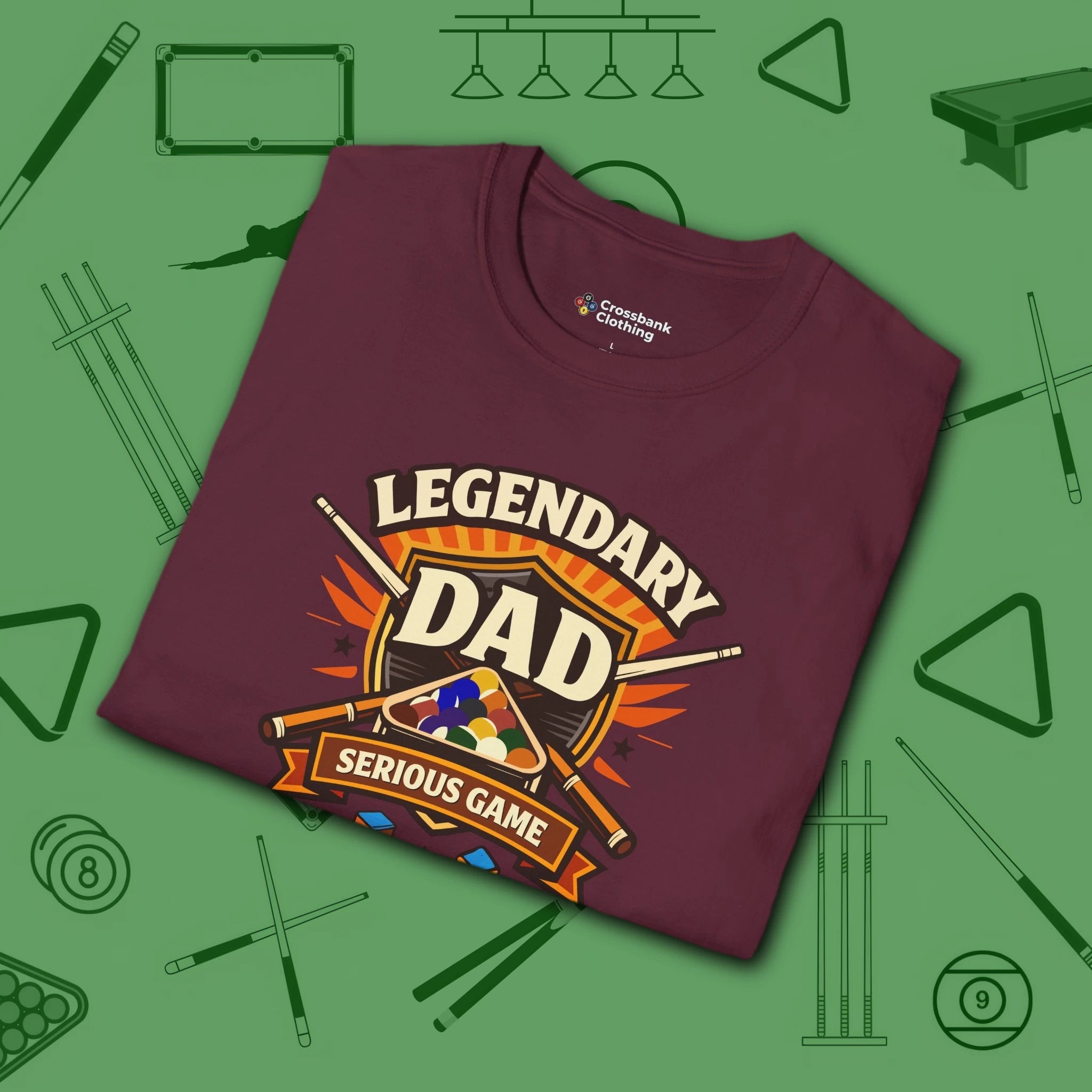 Legendary Dad T-Shirt, in Maroon color, billiards shirt, folded view