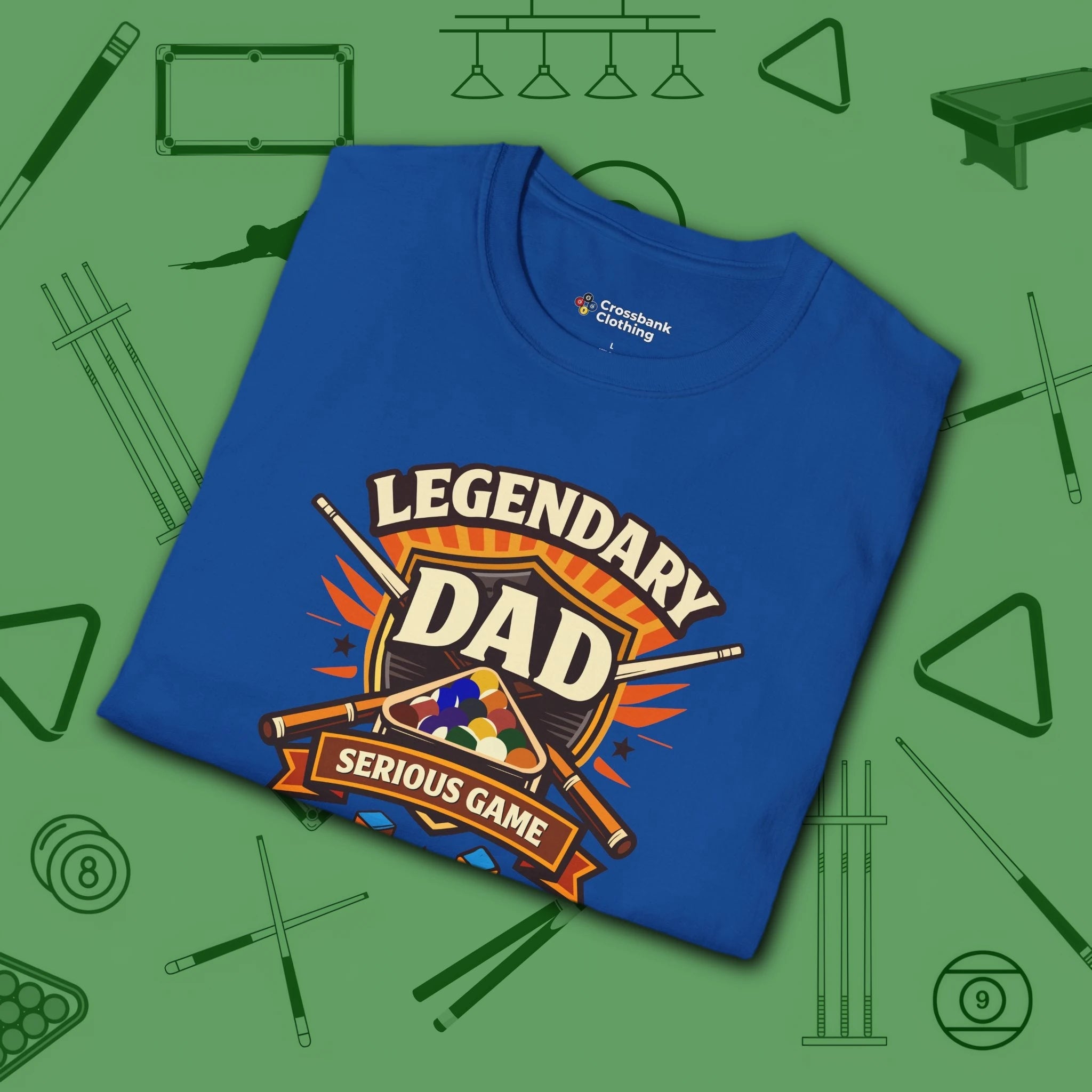 Legendary Dad T-Shirt, in Royal color, billiards shirt, folded view