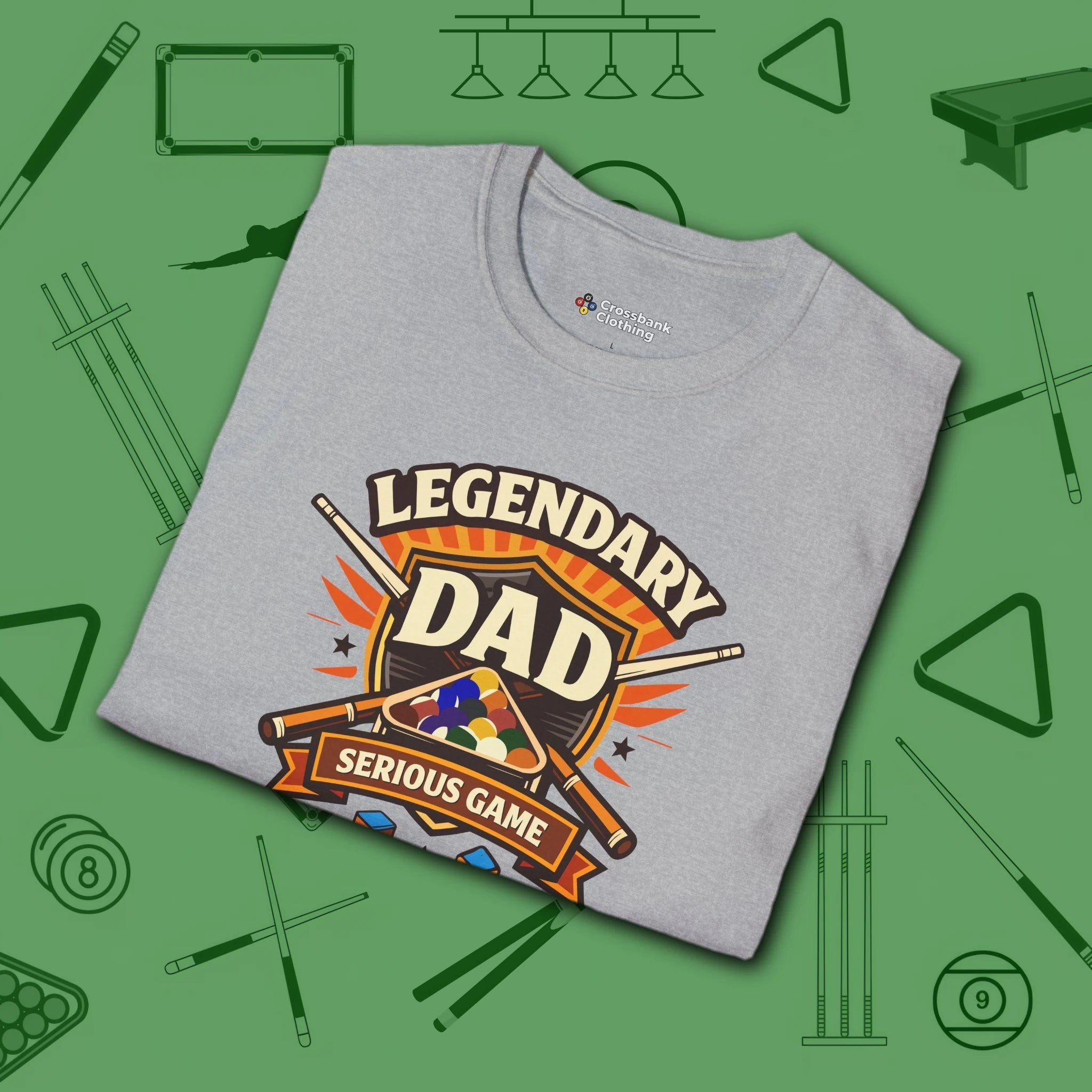 Legendary Dad T-Shirt, in Sport Grey color, billiards shirt, folded view