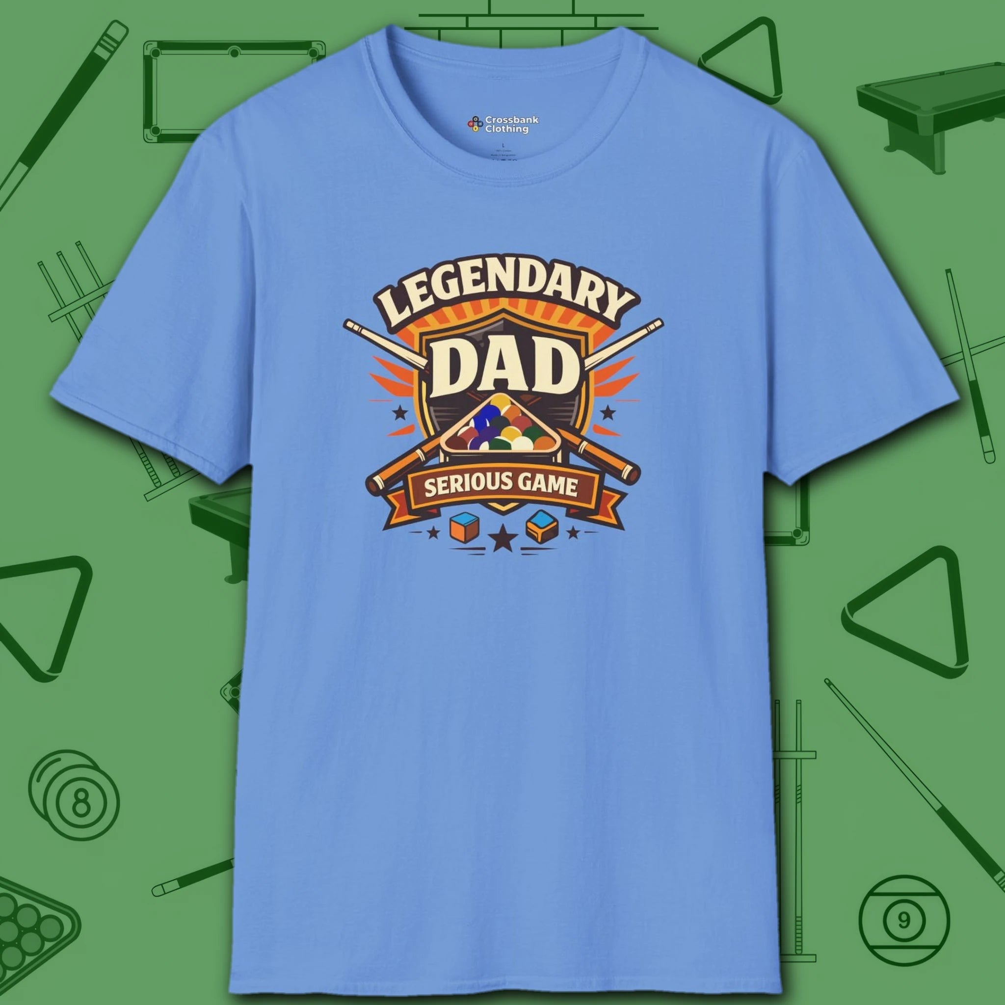 Legendary Dad T-Shirt, in Carolina Blue color, billiards shirt, front view