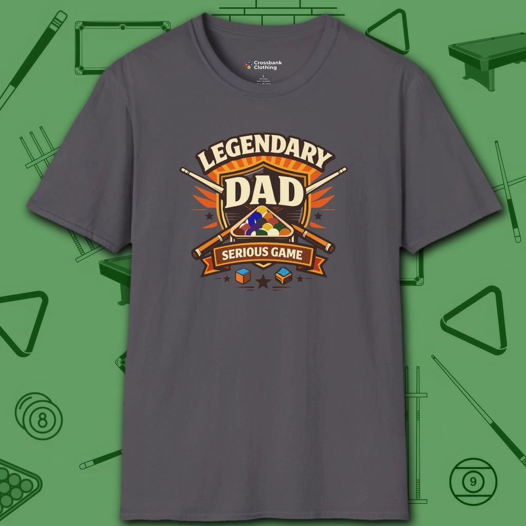 Legendary Dad T-Shirt, in Charcoal color, billiards shirt, front view