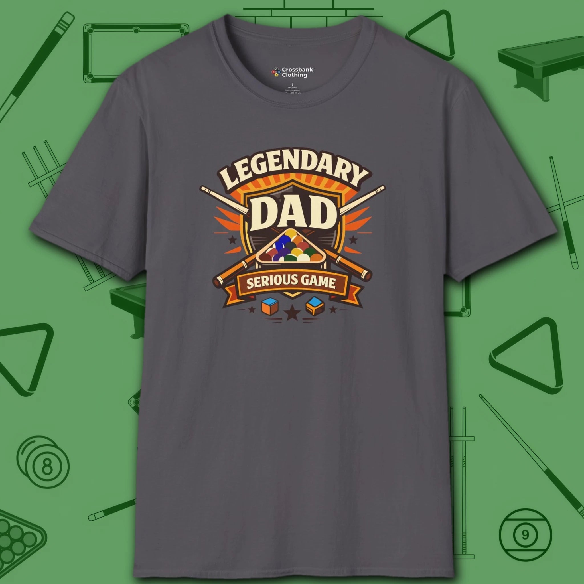 Legendary Dad T-Shirt, in Charcoal color, billiards shirt, front view