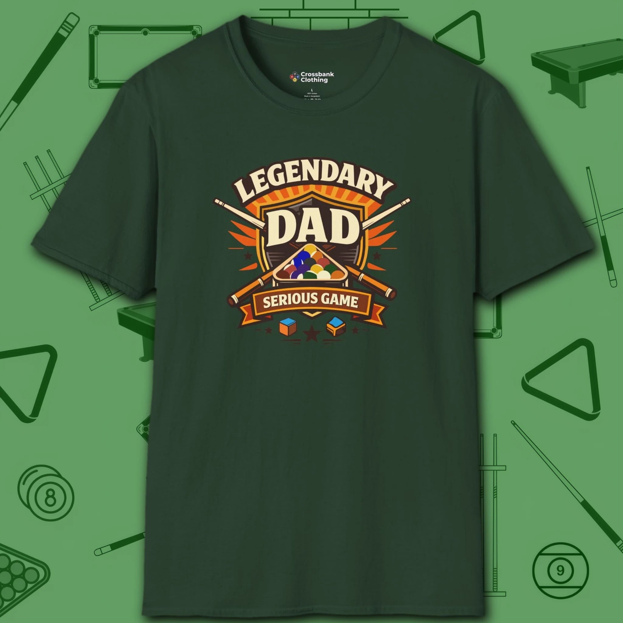 Legendary Dad T-Shirt, in Forest Green color, billiards shirt, front view