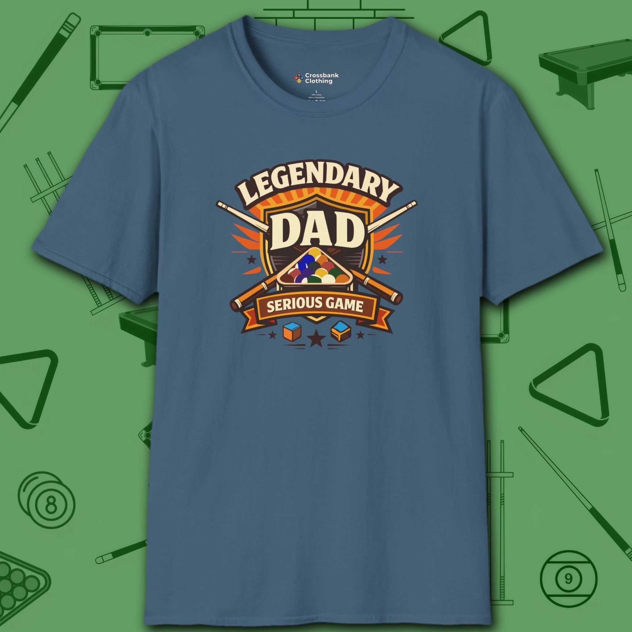 Legendary Dad T-Shirt, in Indigo Blue color, billiards shirt, front view
