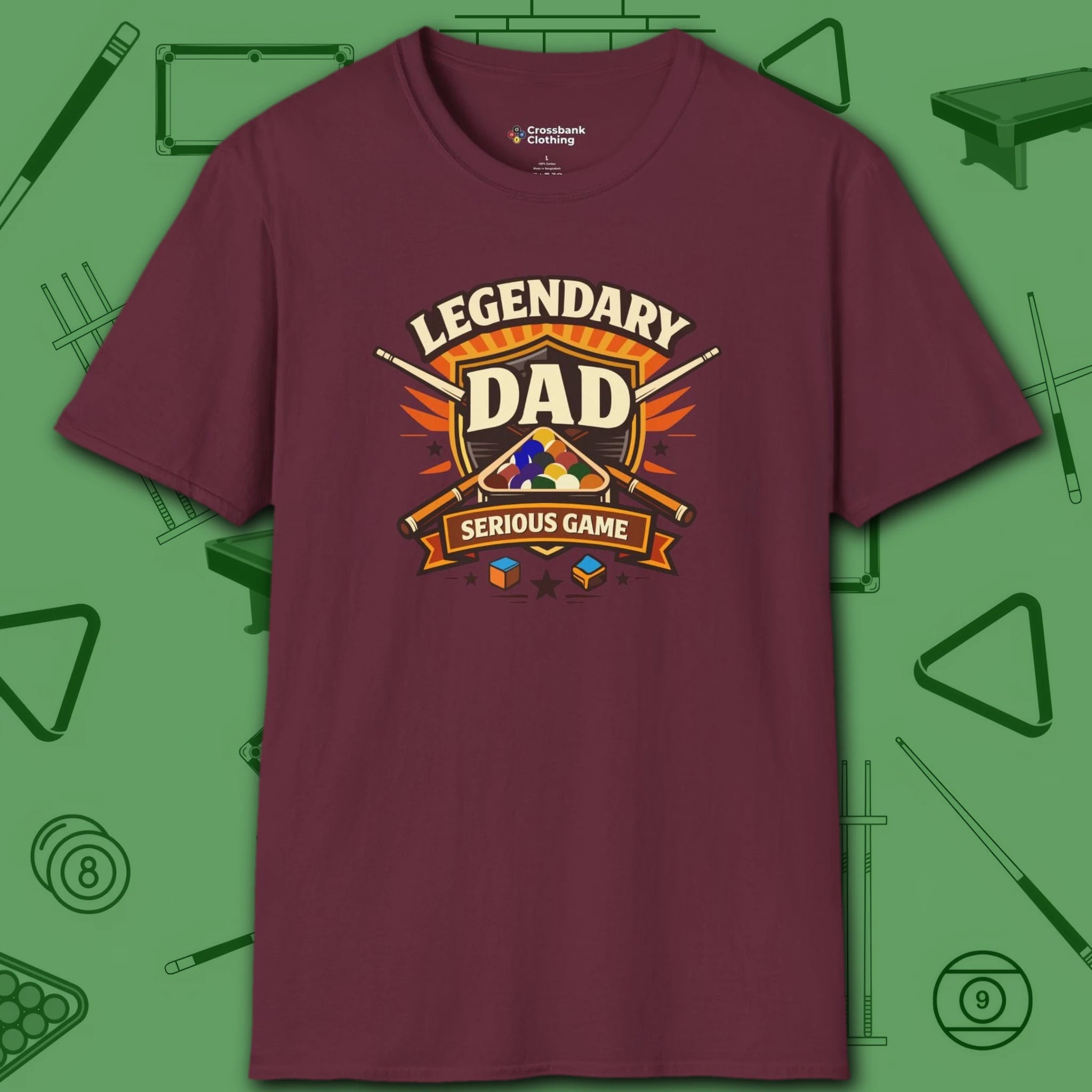 Legendary Dad T-Shirt, in Maroon color, billiards shirt, front view