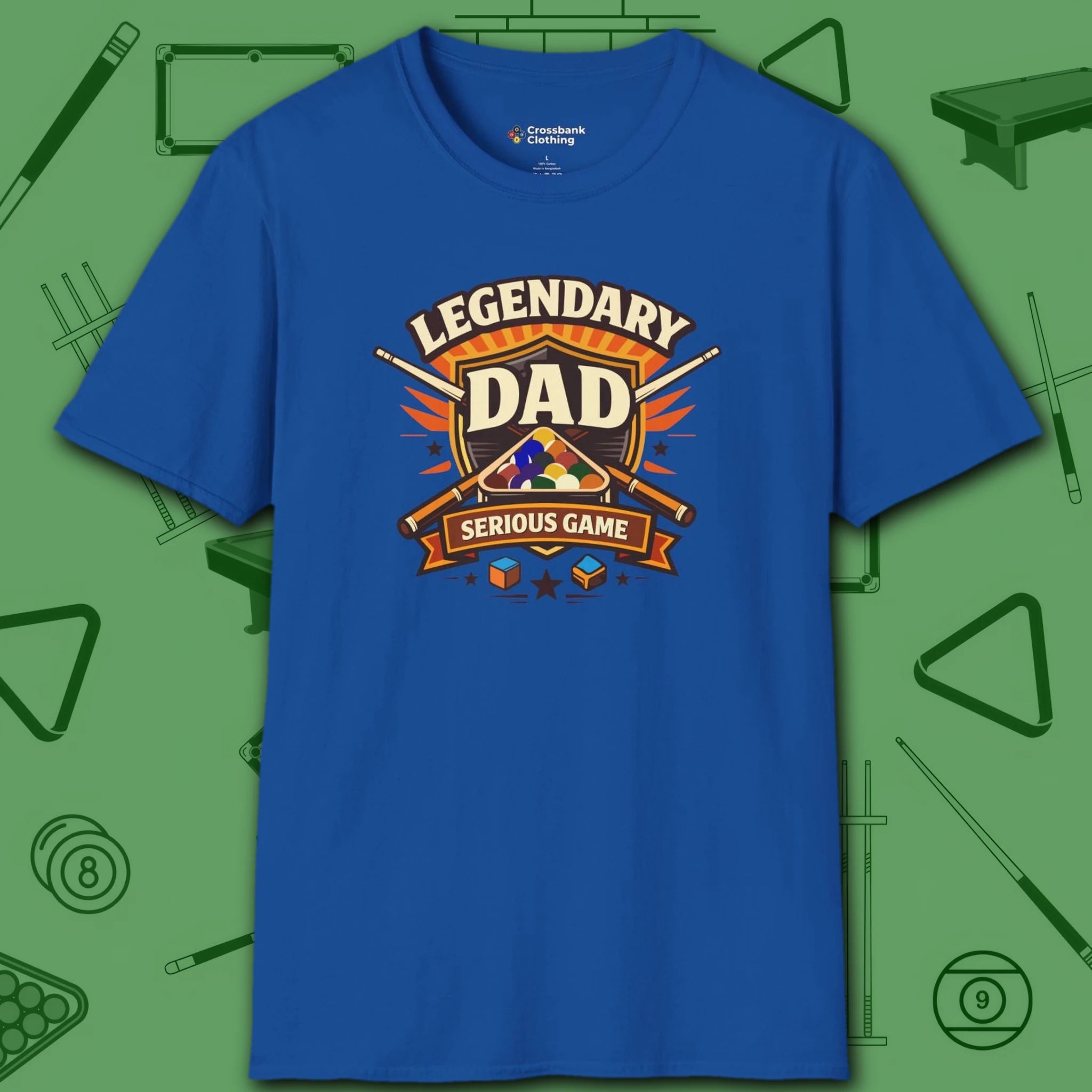 Legendary Dad T-Shirt, in Royal color, billiards shirt, front view