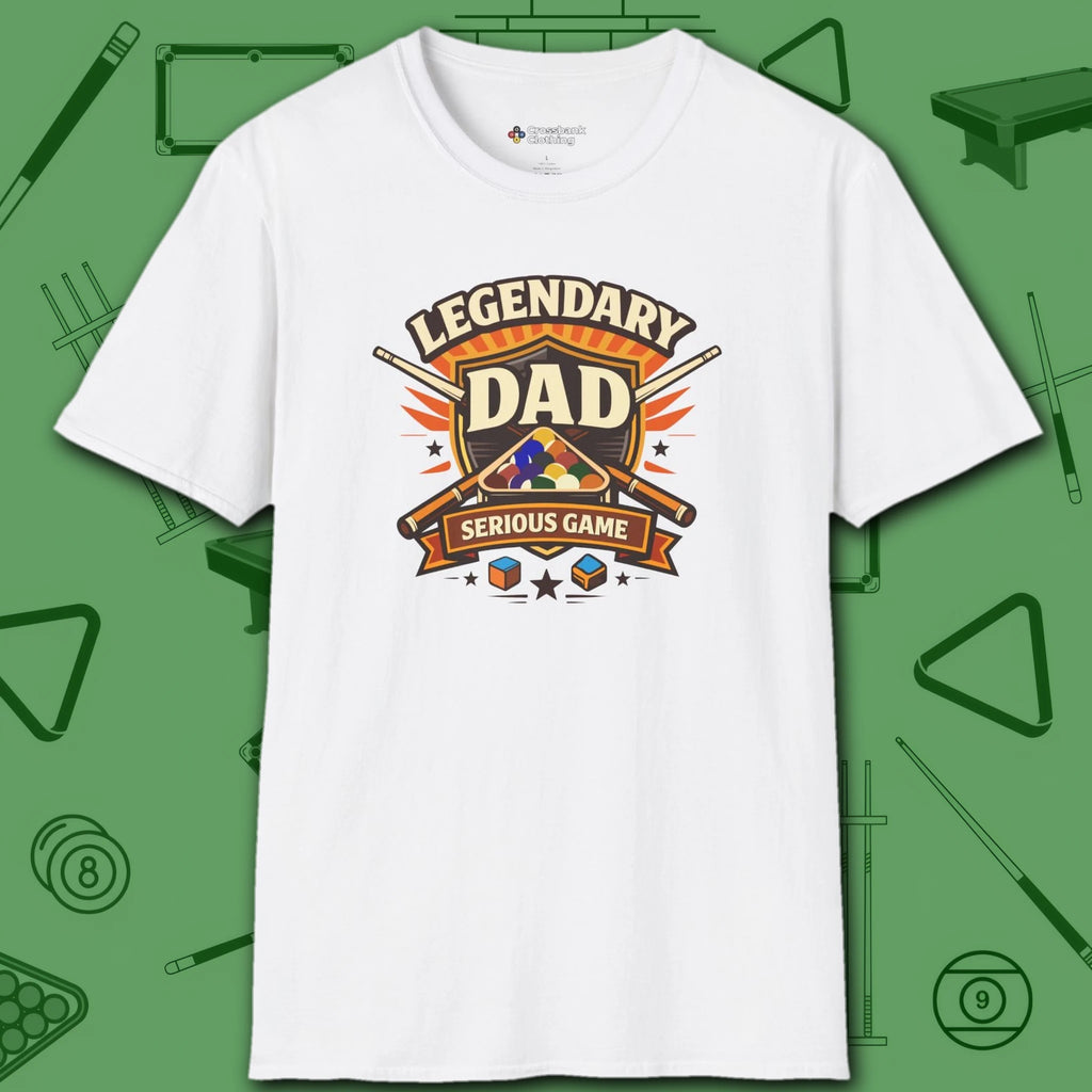 Legendary Dad T-Shirt, in White color, billiards shirt, front view