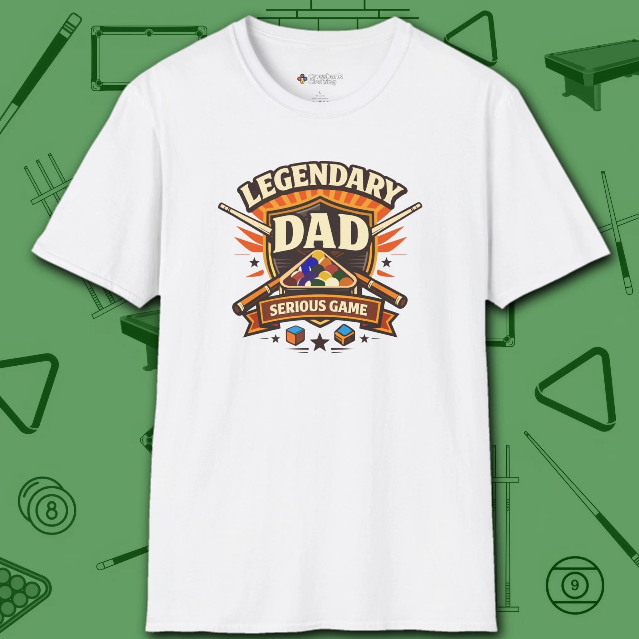 Legendary Dad T-Shirt, in White color, billiards shirt, front view