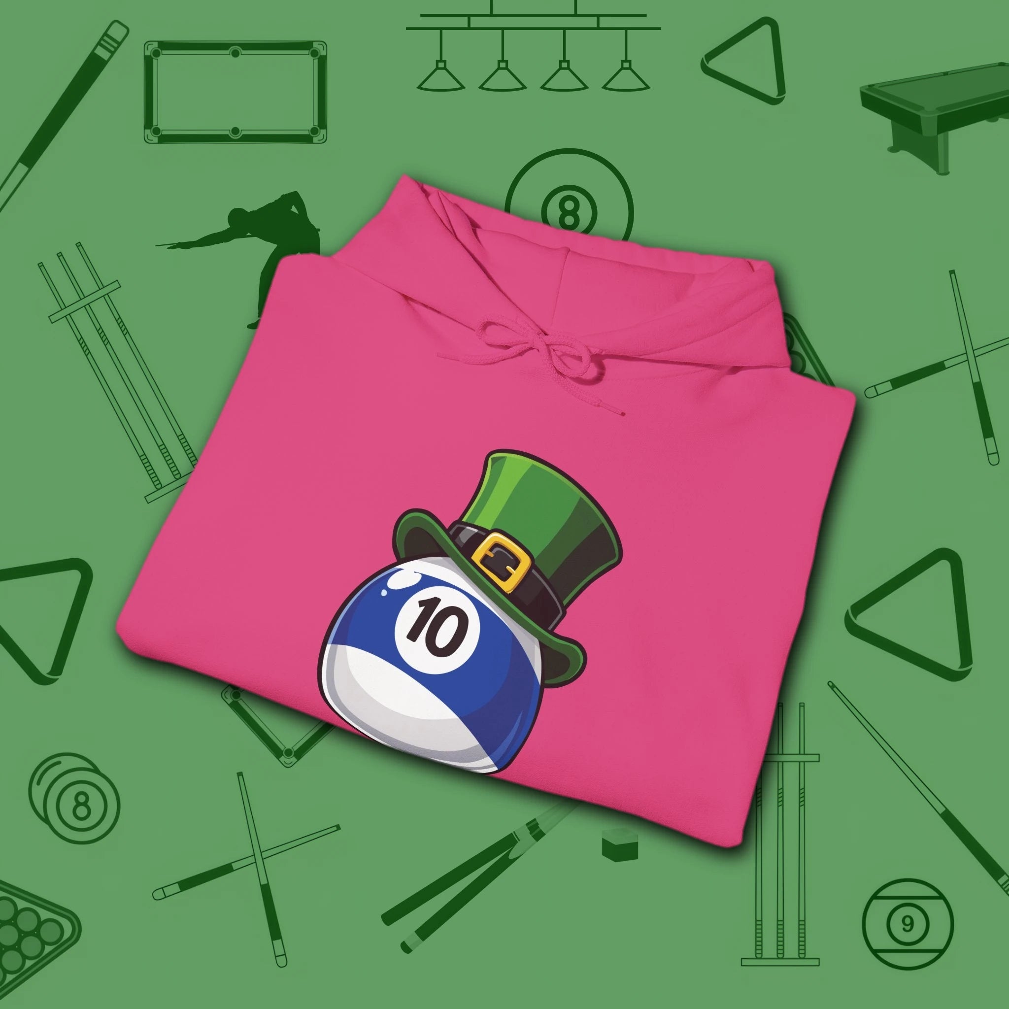 Leprechaun Hat Hoodie, in Heliconia color, billiards shirt, folded view