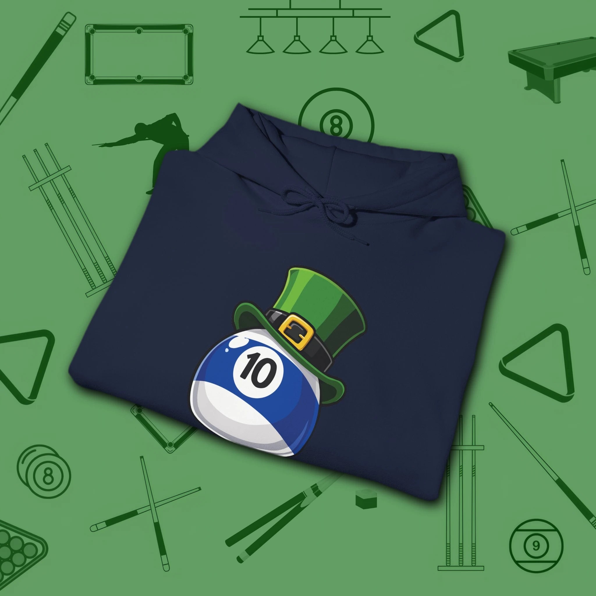 Leprechaun Hat Hoodie, in Navy color, billiards shirt, folded view
