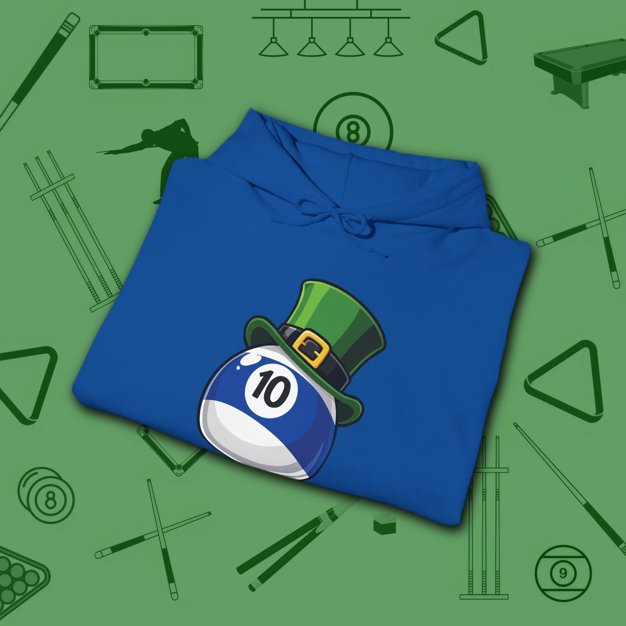 Leprechaun Hat Hoodie, in Royal color, billiards shirt, folded view