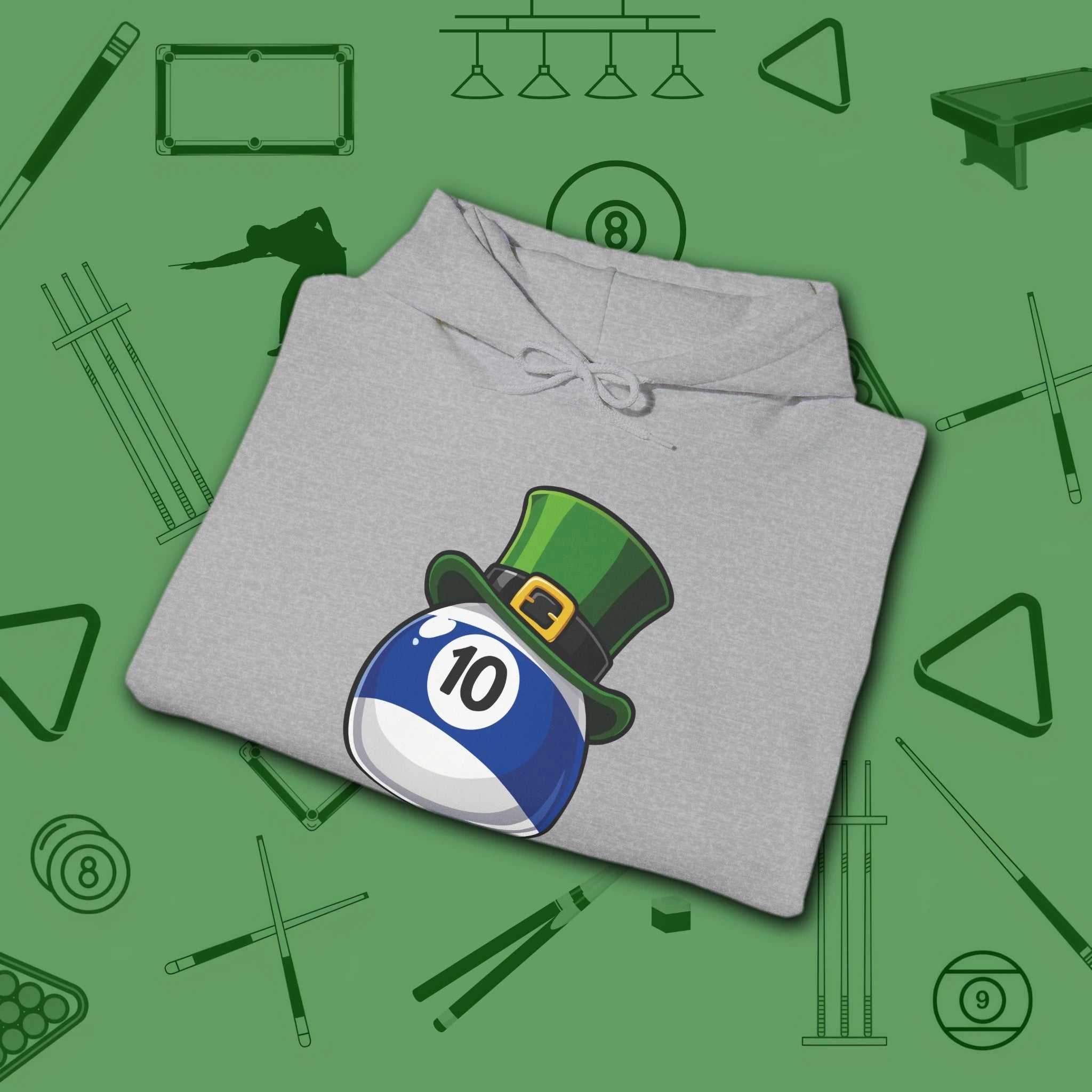 Leprechaun Hat Hoodie, in Sport Grey color, billiards shirt, folded view