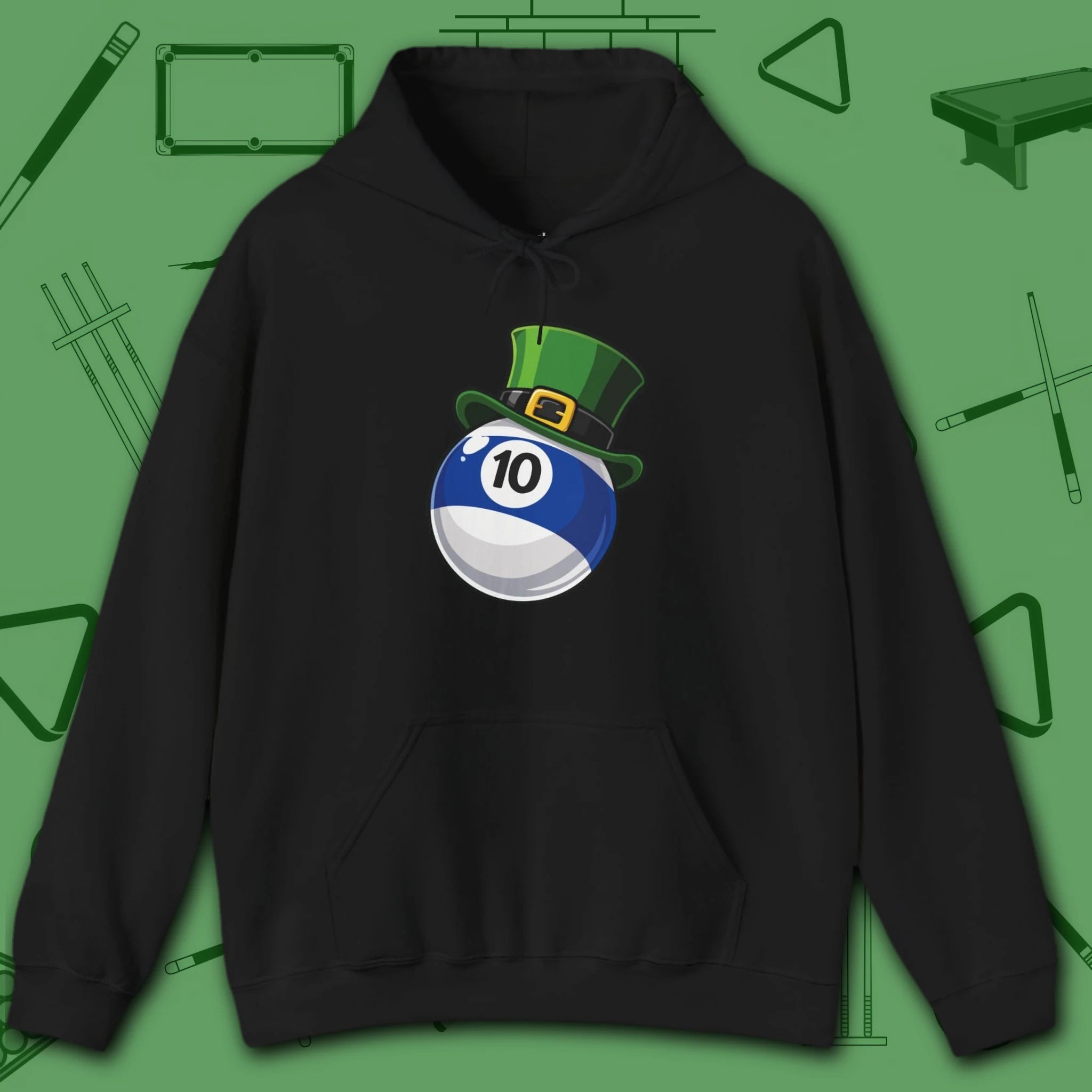 Leprechaun Hat Hoodie, in Black color, billiards shirt, front view