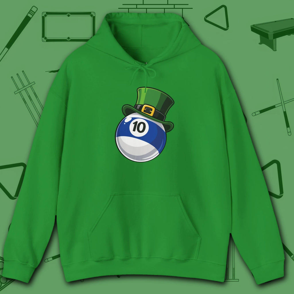 Leprechaun Hat Hoodie, in Irish Green color, billiards shirt, front view