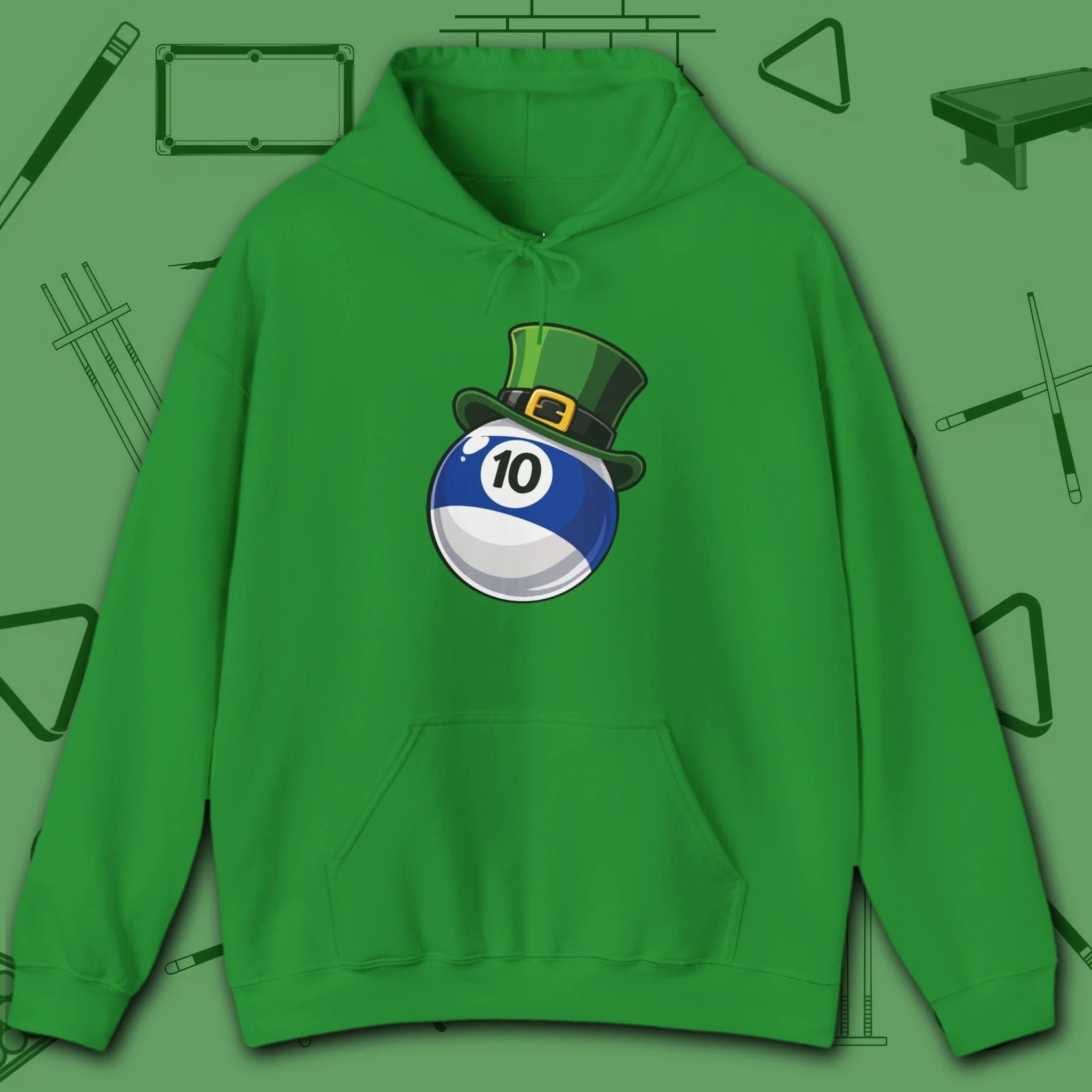 Leprechaun Hat Hoodie, in Irish Green color, billiards shirt, front view
