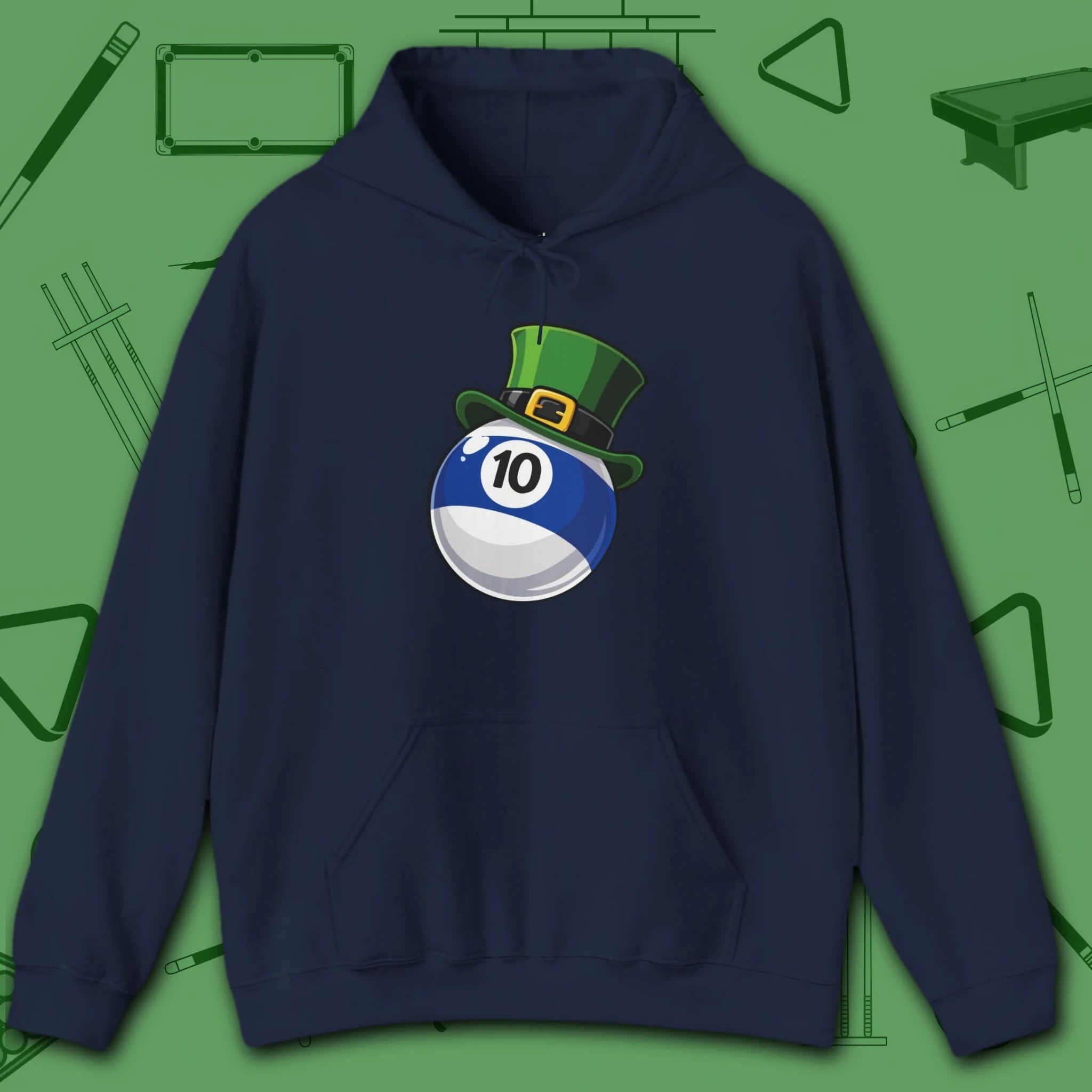 Leprechaun Hat Hoodie, in Navy color, billiards shirt, front view