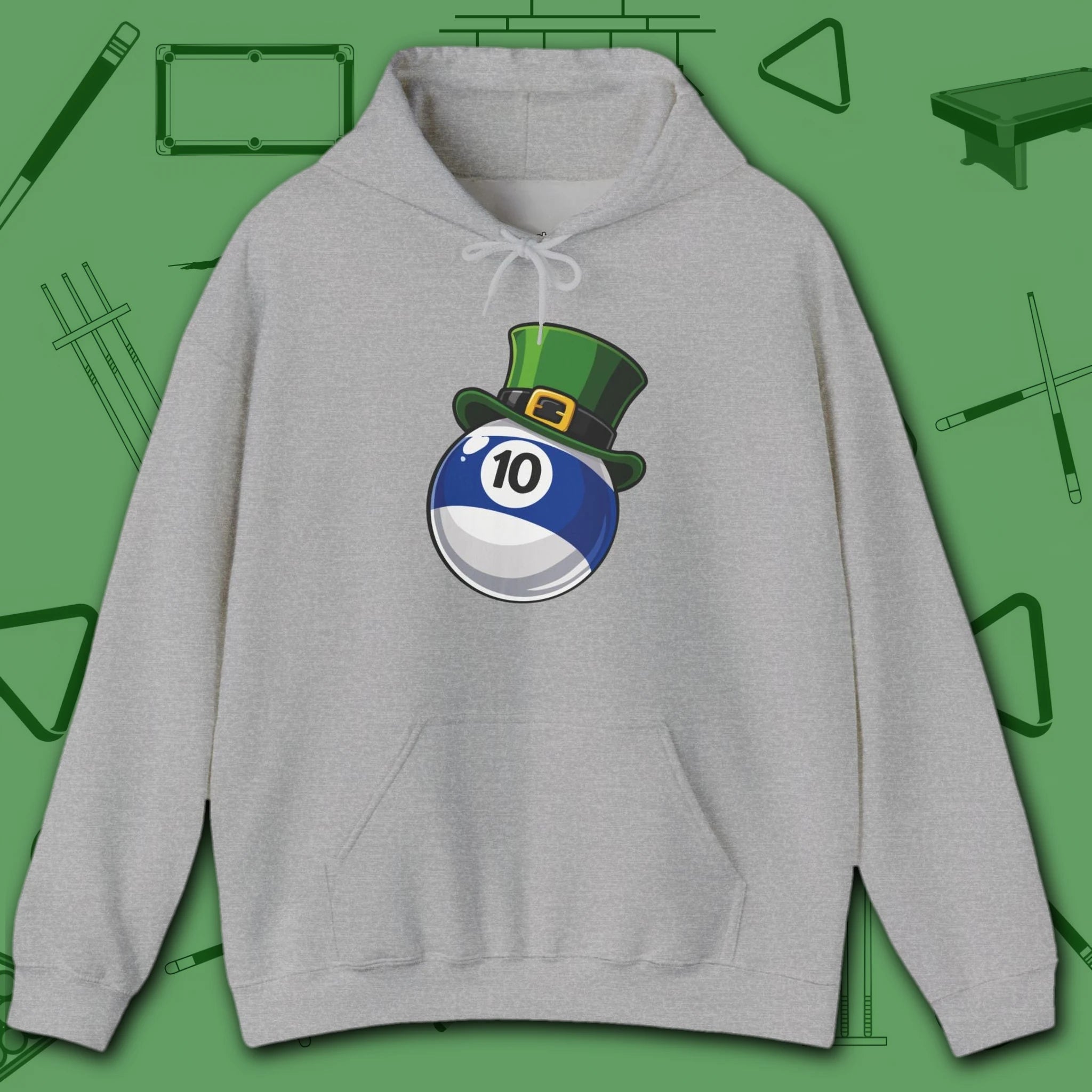 Leprechaun Hat Hoodie, in Sport Grey color, billiards shirt, front view
