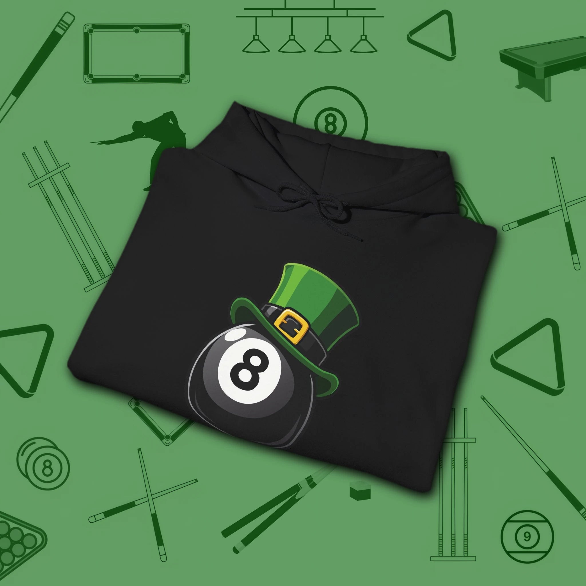 Leprechaun Hat Hoodie, in Black color, billiards shirt, folded view