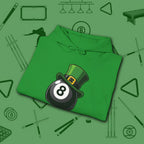Leprechaun Hat Hoodie, in Irish Green color, billiards shirt, folded view