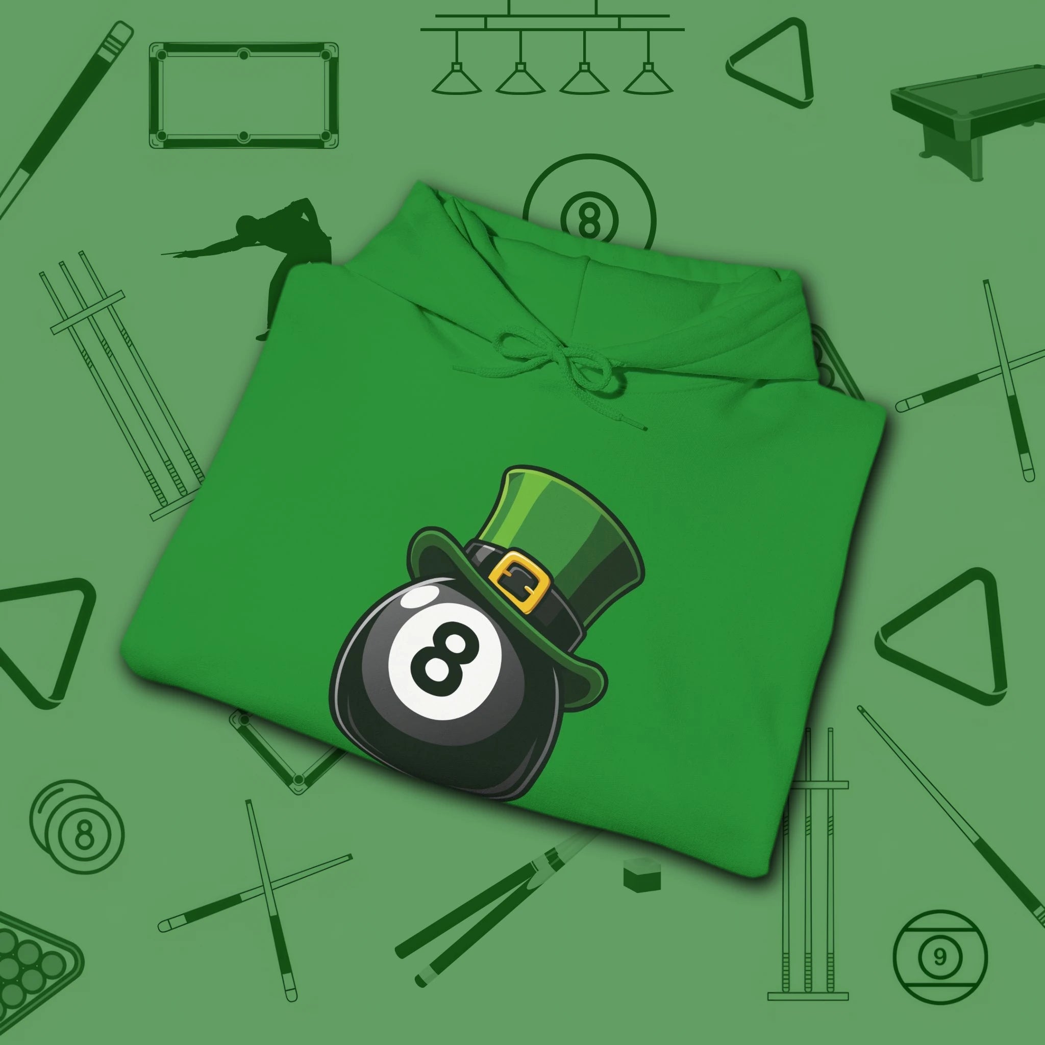 Leprechaun Hat Hoodie, in Irish Green color, billiards shirt, folded view