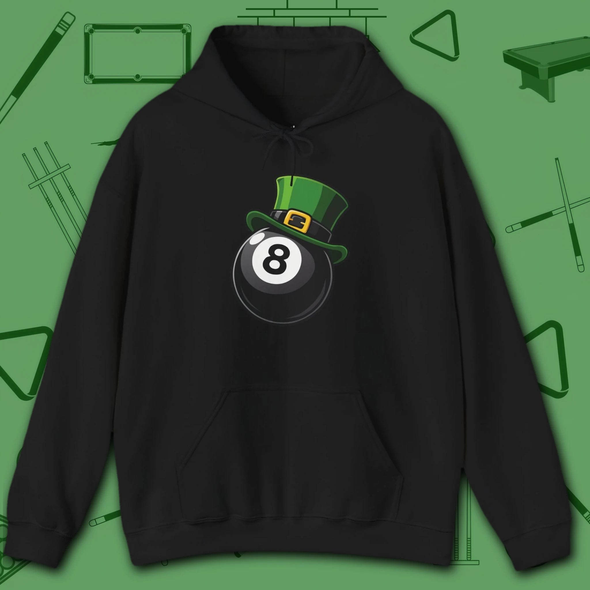 Leprechaun Hat Hoodie, in Black color, billiards shirt, front view