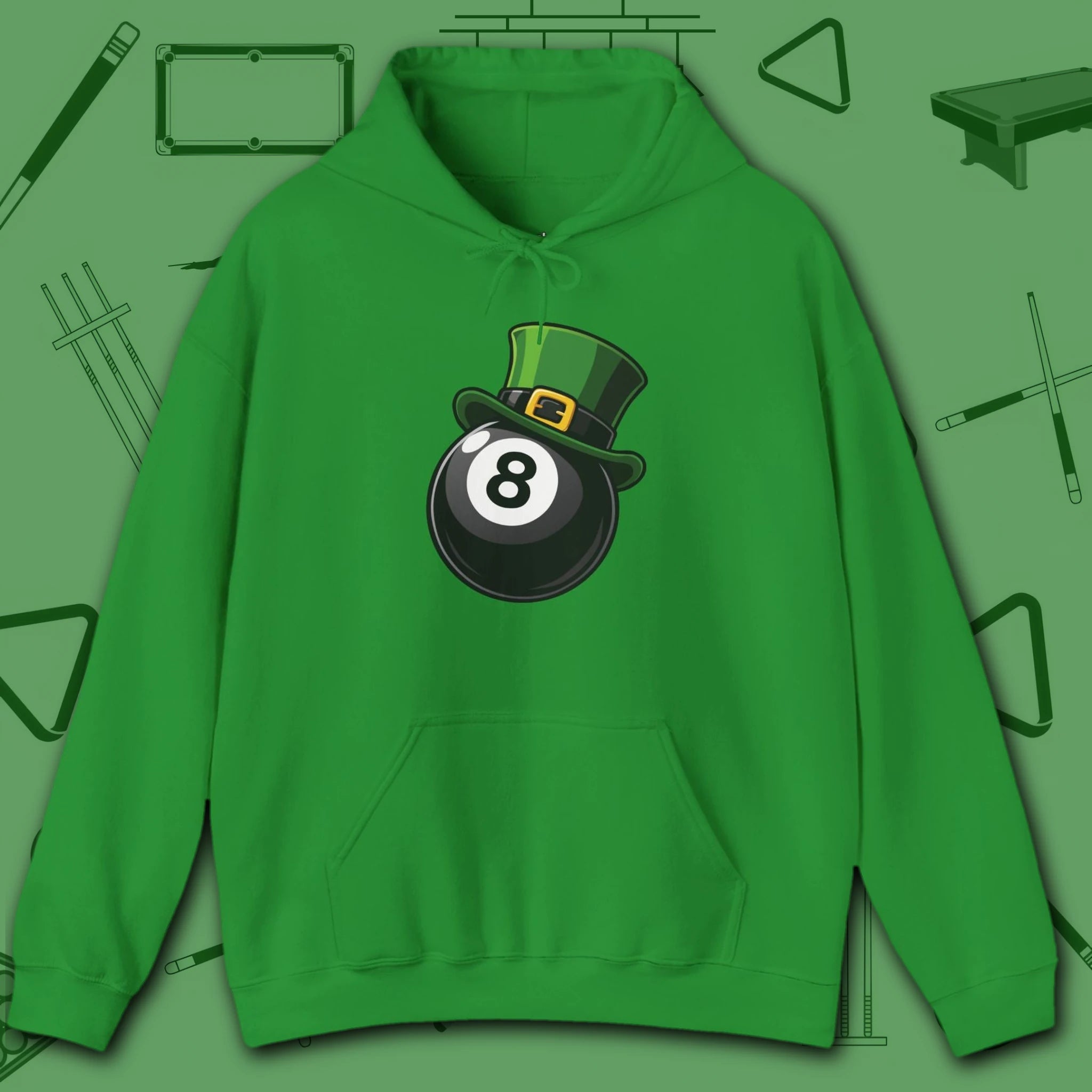 Leprechaun Hat Hoodie, in Irish Green color, billiards shirt, front view