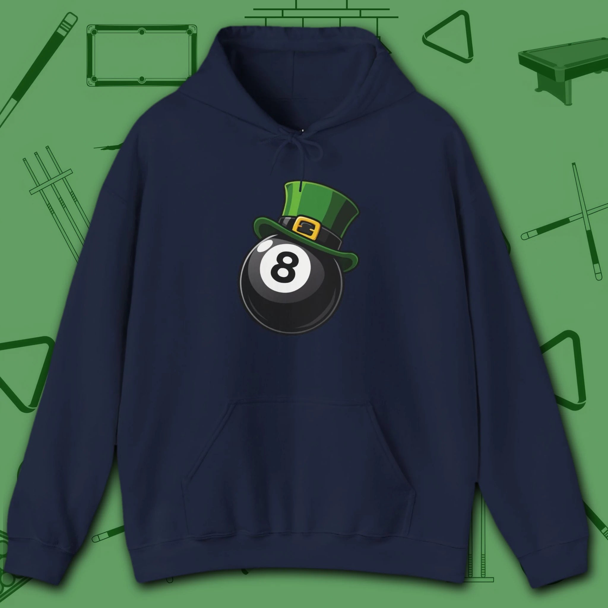 Leprechaun Hat Hoodie, in Navy color, billiards shirt, front view