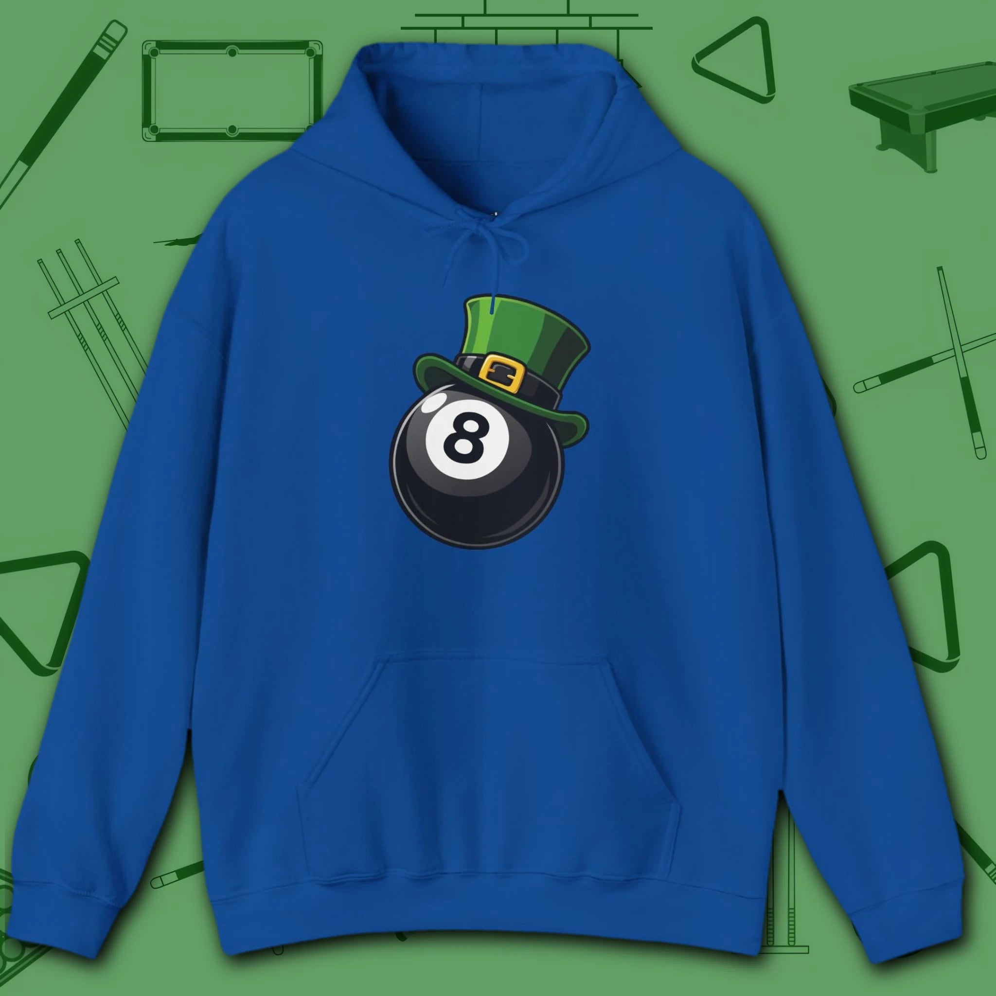 Leprechaun Hat Hoodie, in Royal color, billiards shirt, front view