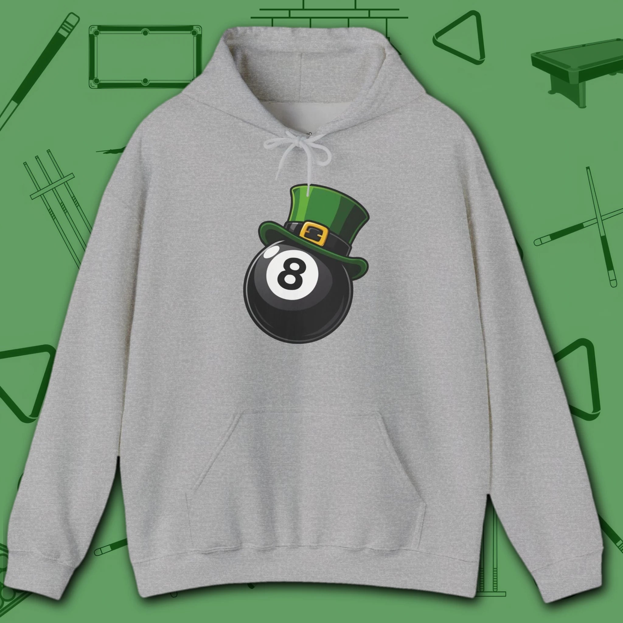 Leprechaun Hat Hoodie, in Sport Grey color, billiards shirt, front view