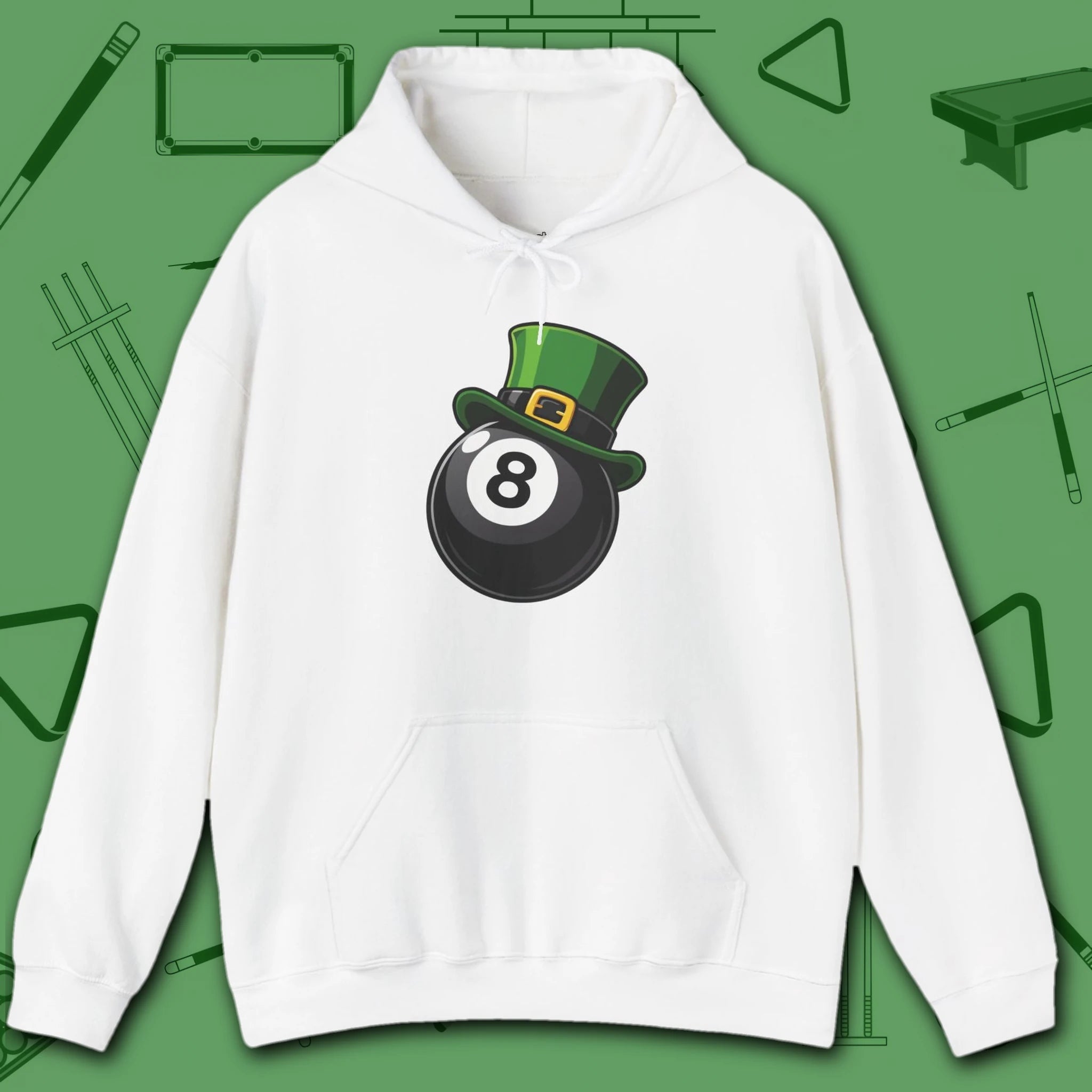 Leprechaun Hat Hoodie, in White color, billiards shirt, front view