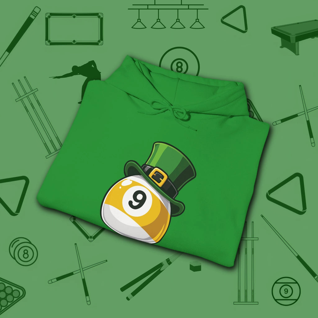 Leprechaun Hat Hoodie, in Irish Green color, billiards shirt, folded view