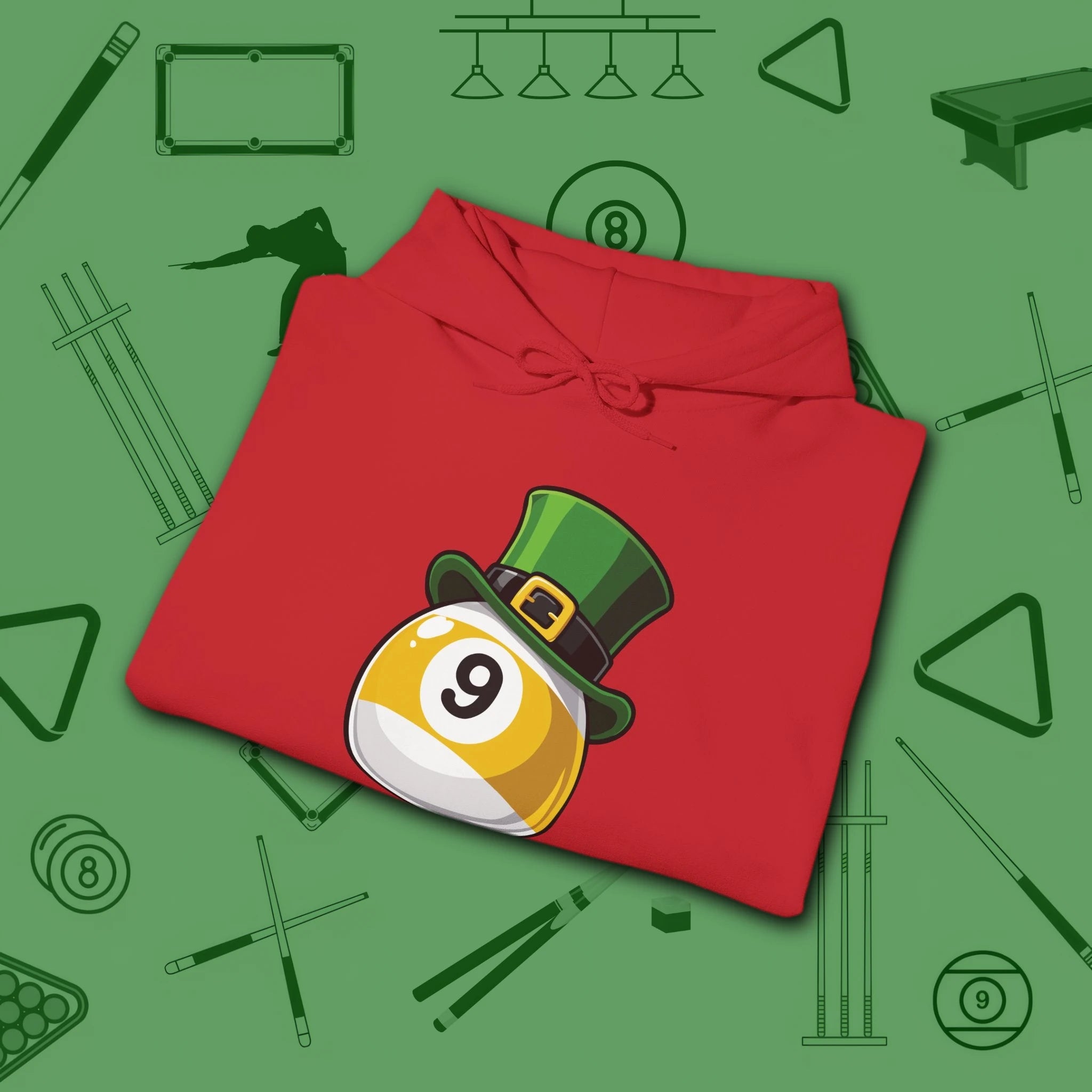 Leprechaun Hat Hoodie, in Red color, billiards shirt, folded view