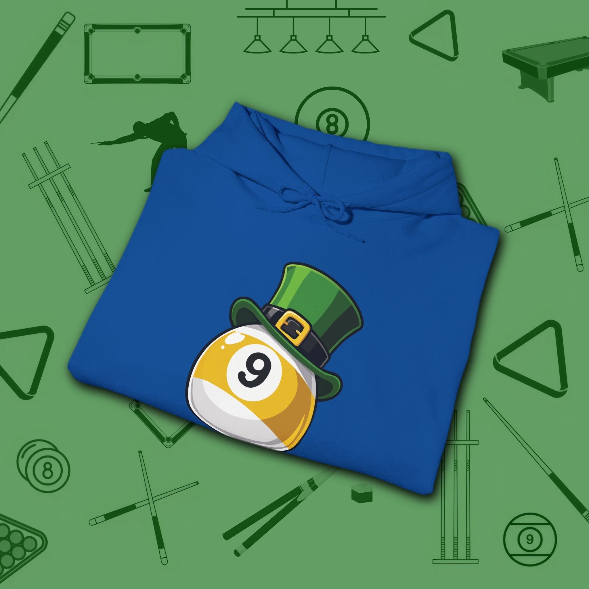 Leprechaun Hat Hoodie, in Royal color, billiards shirt, folded view