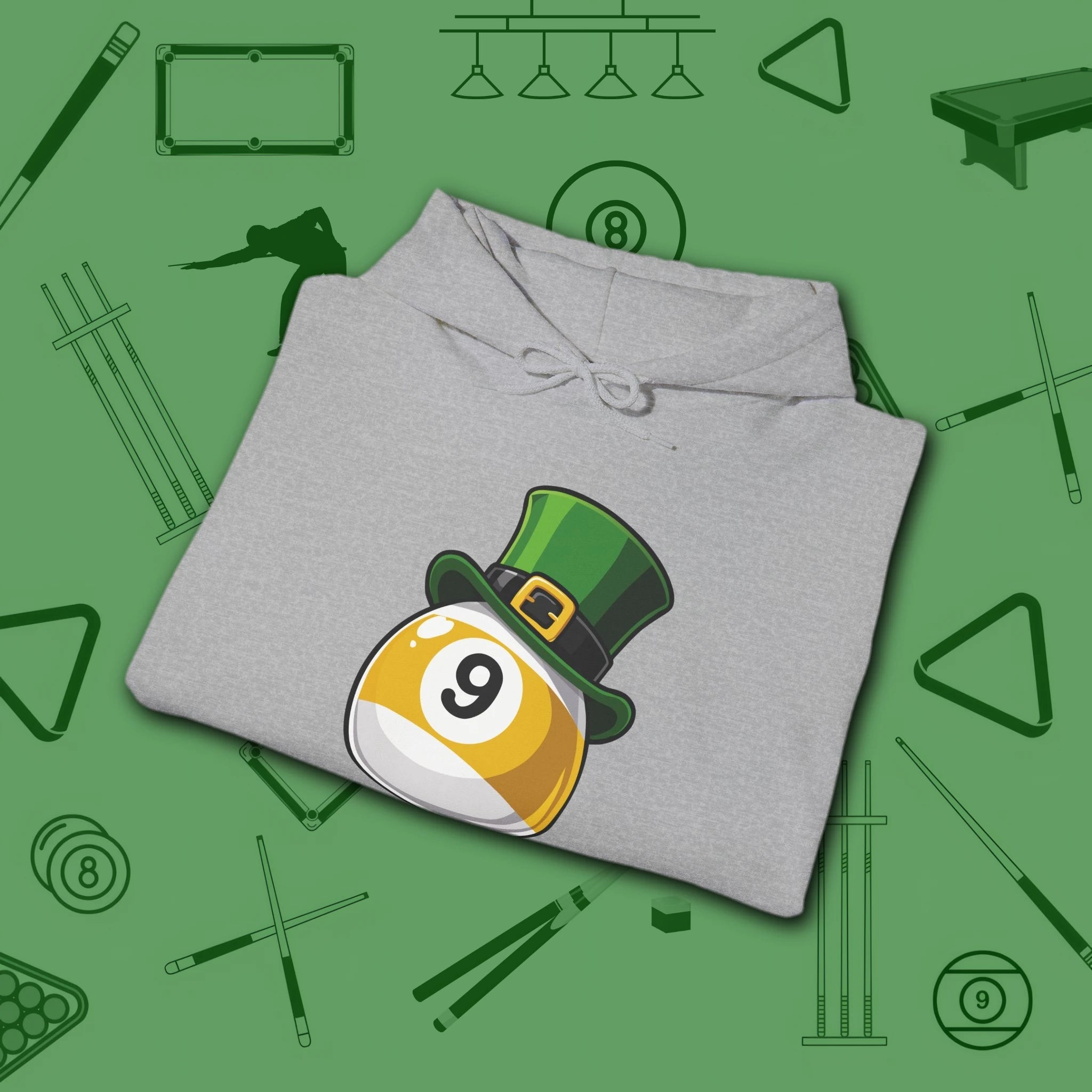 Leprechaun Hat Hoodie, in Sport Grey color, billiards shirt, folded view