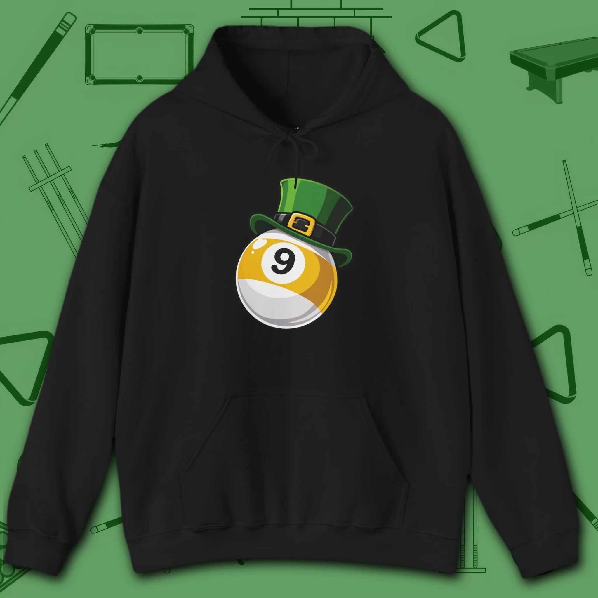 Leprechaun Hat Hoodie, in Black color, billiards shirt, front view