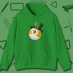 Leprechaun Hat Hoodie, in Irish Green color, billiards shirt, front view
