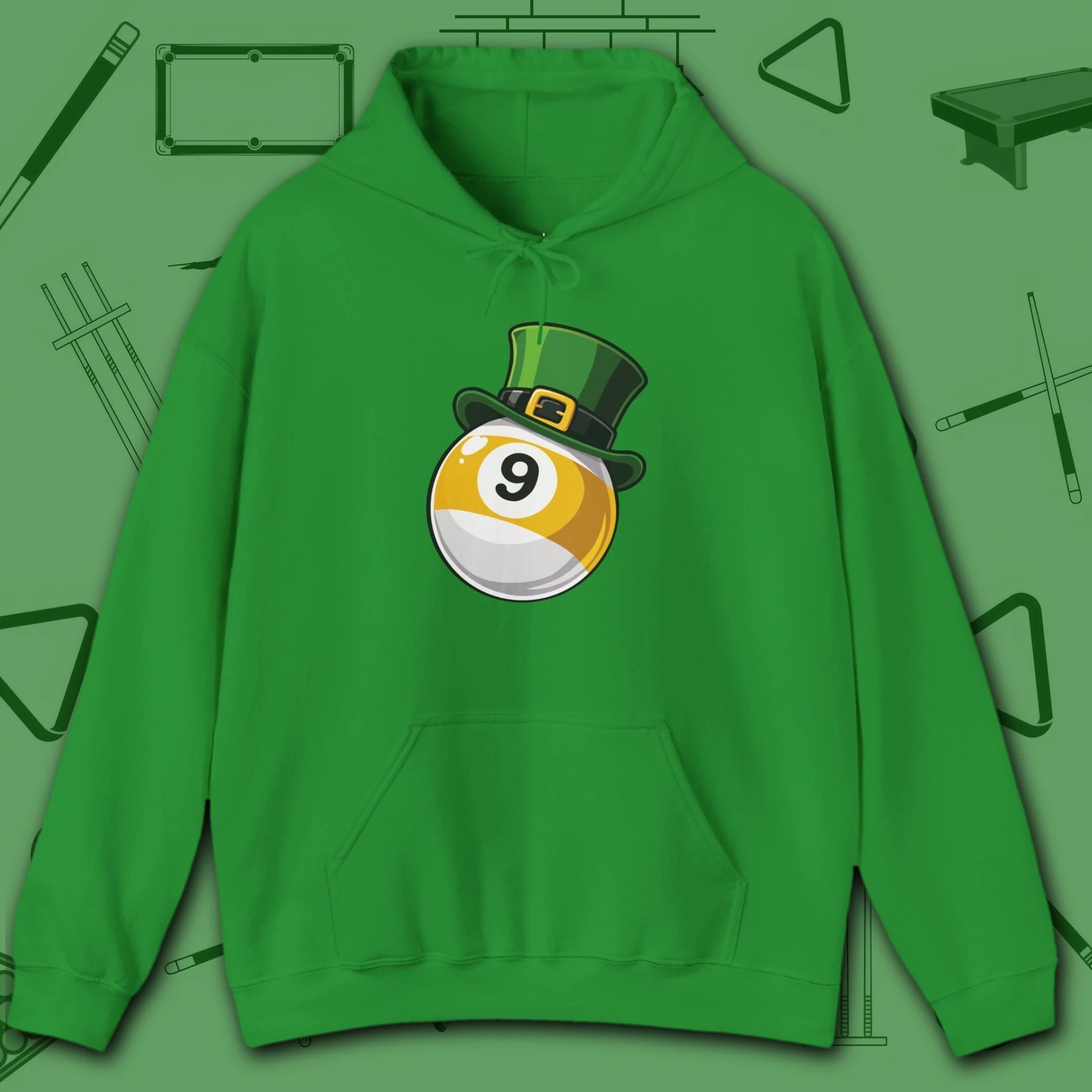 Leprechaun Hat Hoodie, in Irish Green color, billiards shirt, front view