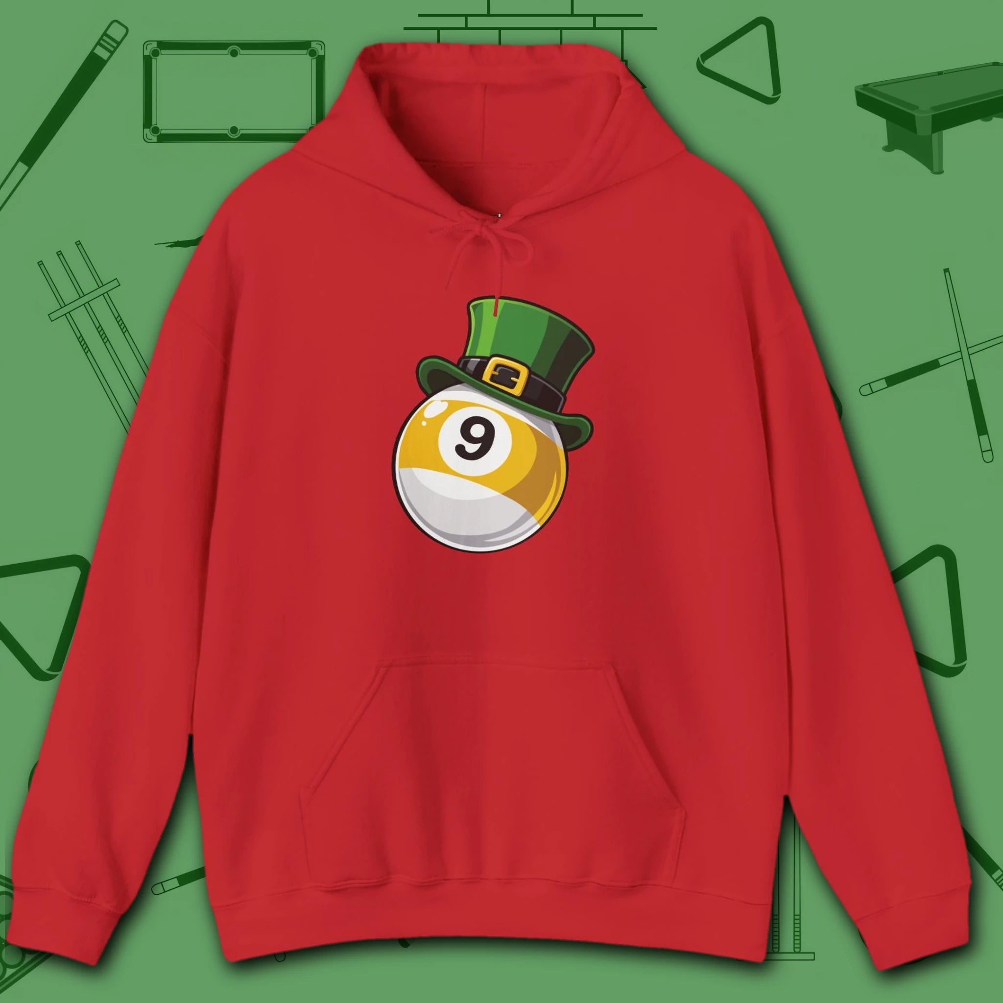 Leprechaun Hat Hoodie, in Red color, billiards shirt, front view