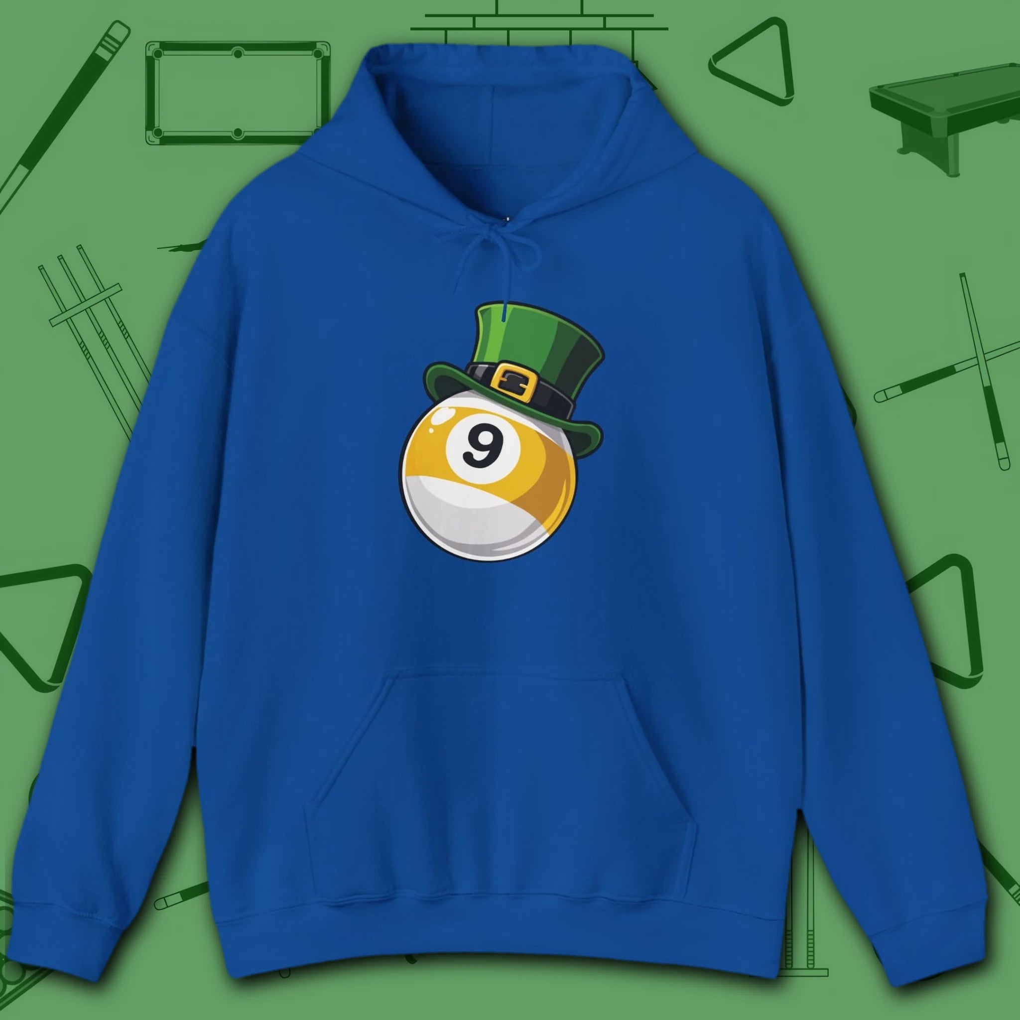 Leprechaun Hat Hoodie, in Royal color, billiards shirt, front view