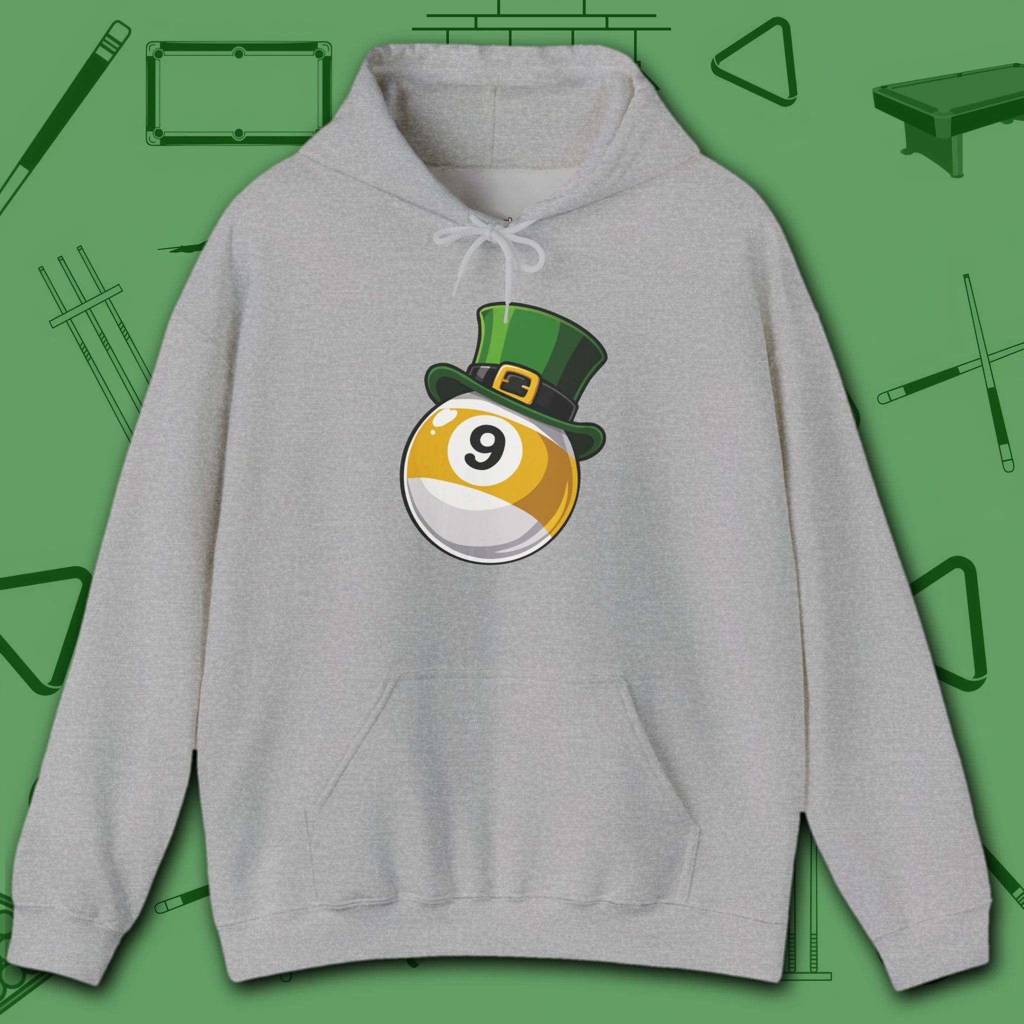 Leprechaun Hat Hoodie, in Sport Grey color, billiards shirt, front view