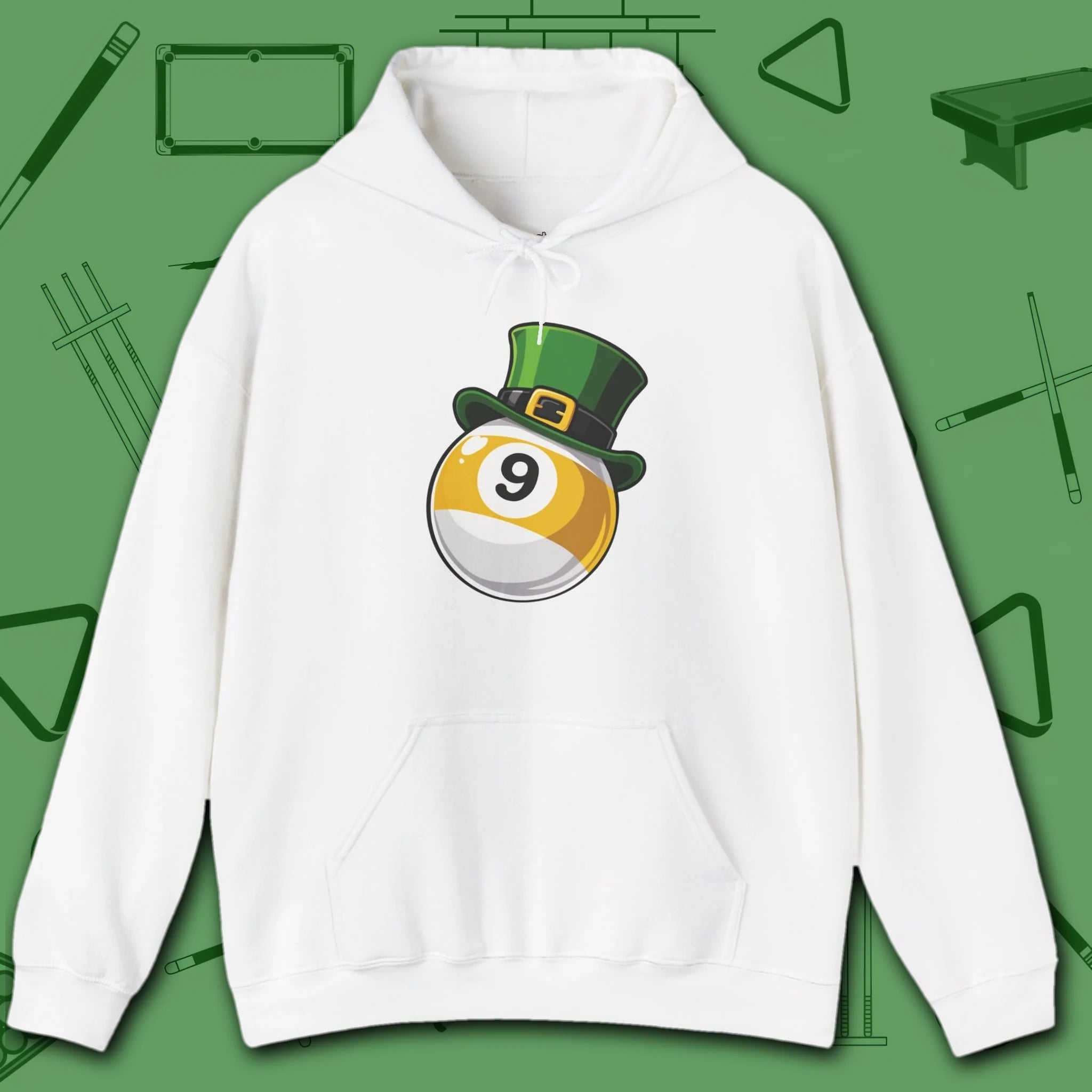 Leprechaun Hat Hoodie, in White color, billiards shirt, front view