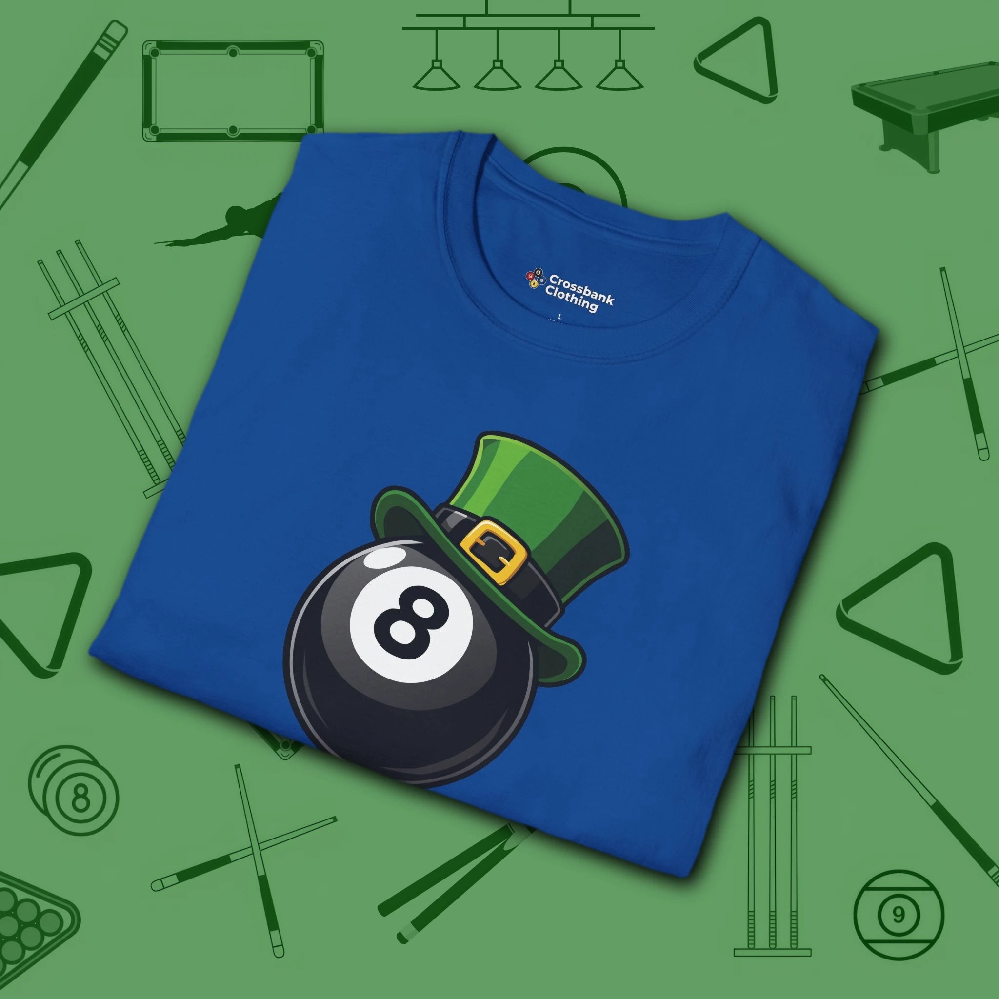Leprechaun Hat Eight Ball T-Shirt, in Royal color, billiards shirt, folded view