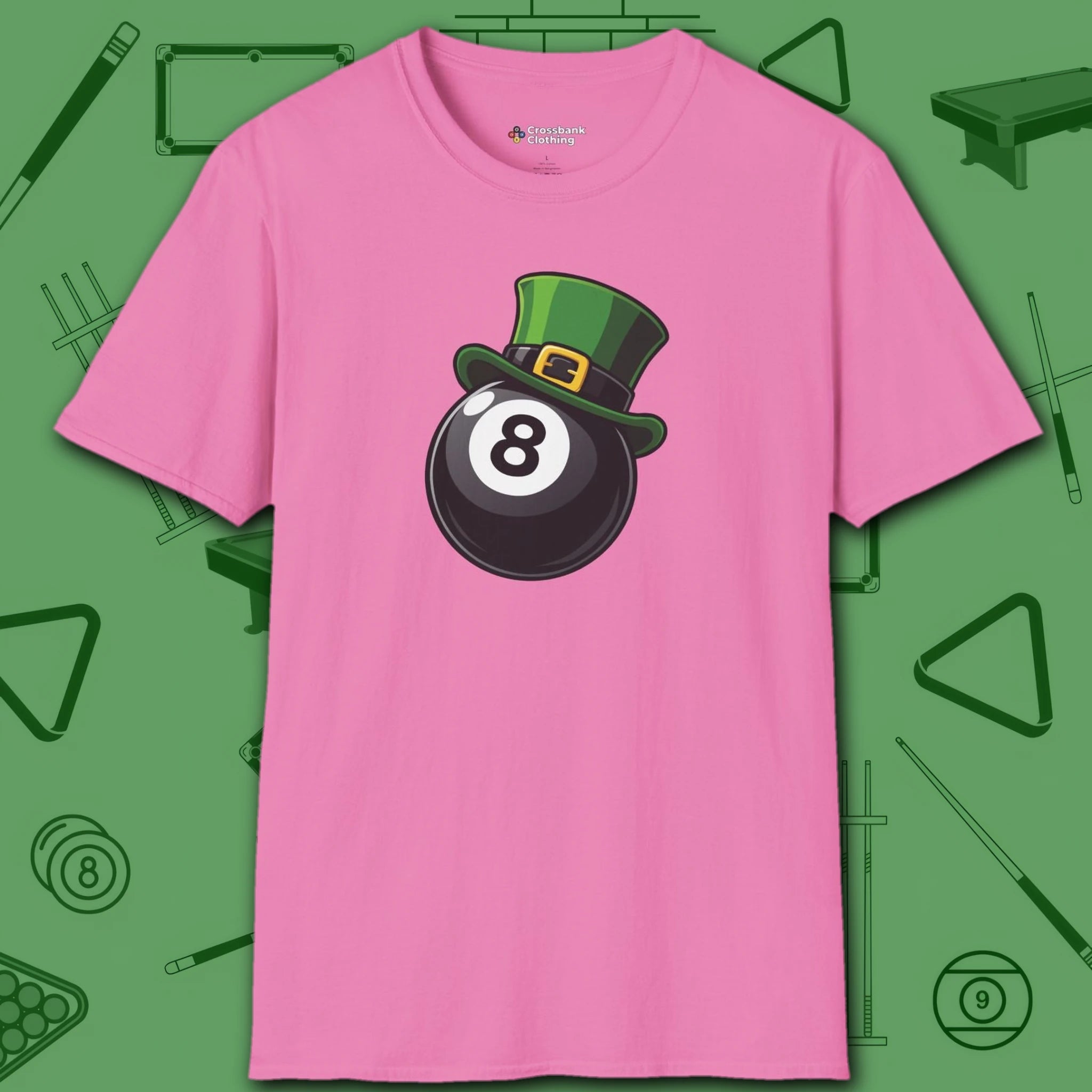 Leprechaun Hat Eight Ball T-Shirt, in Azalea color, billiards shirt, front view