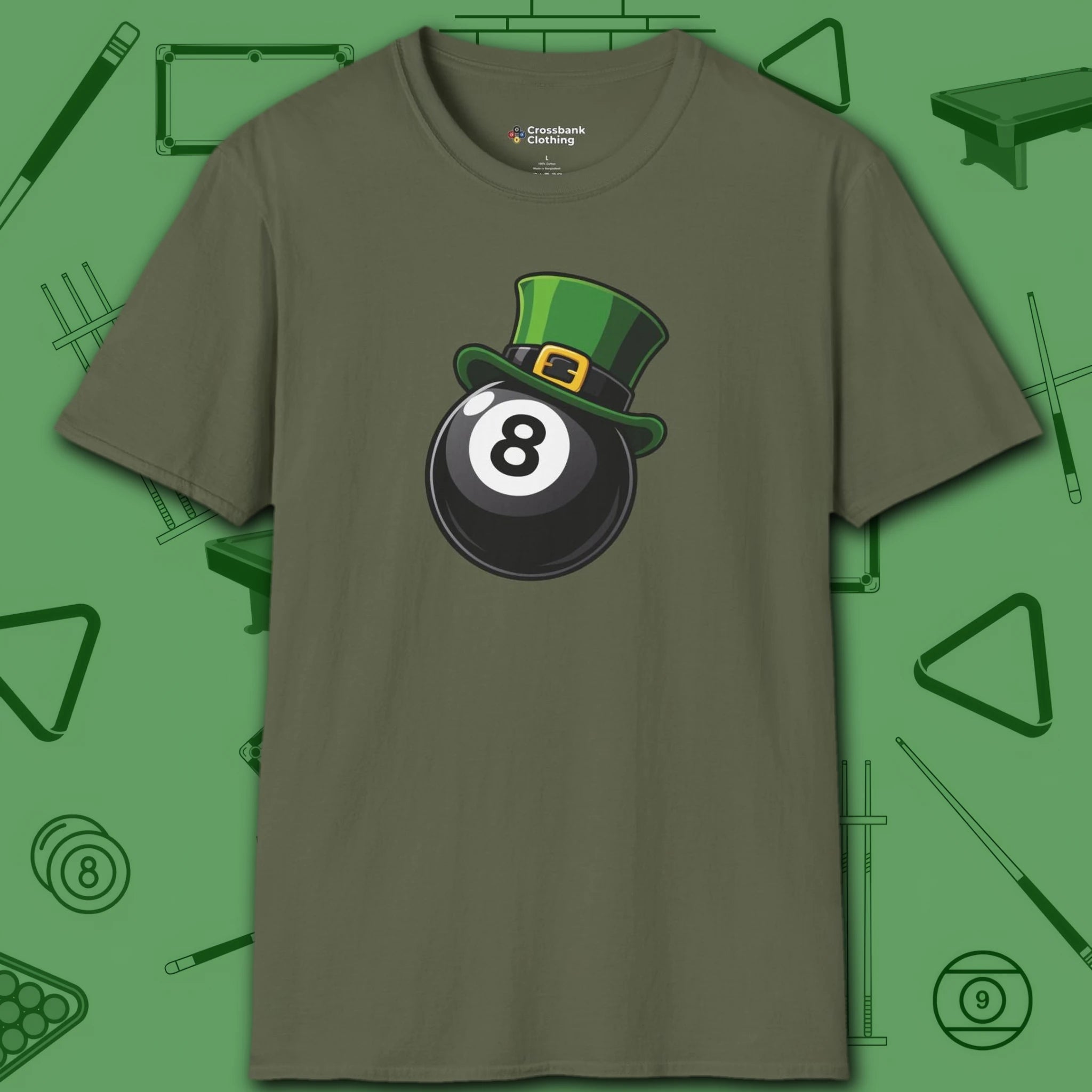Leprechaun Hat Eight Ball T-Shirt, in Military Green color, billiards shirt, front view