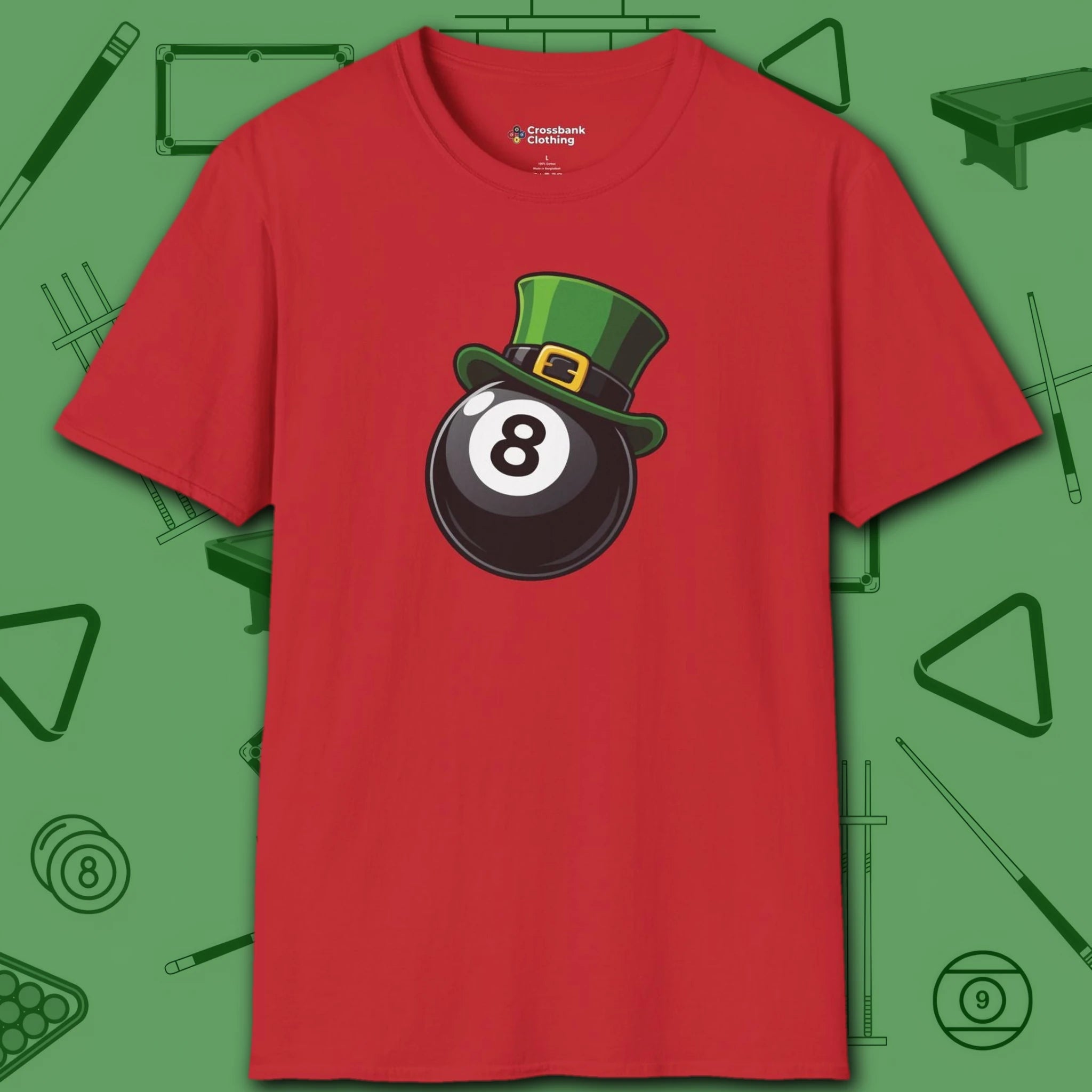 Leprechaun Hat Eight Ball T-Shirt, in Red color, billiards shirt, front view