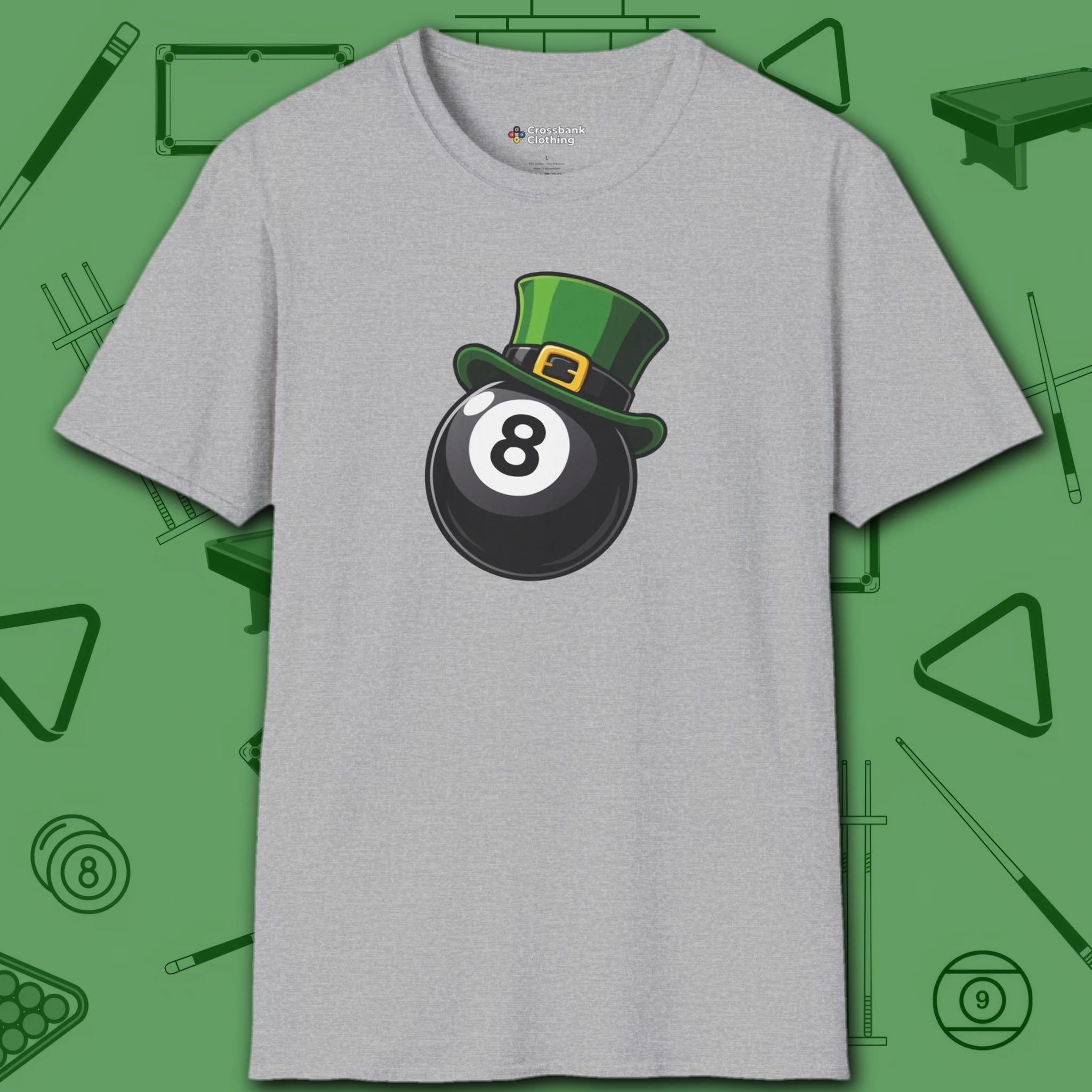 Leprechaun Hat Eight Ball T-Shirt, in Sport Grey color, billiards shirt, front view